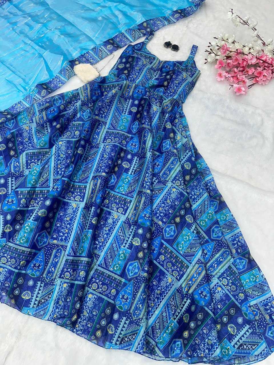 YNF JIMMY CHOO KESH154 264 GOWNS WHOLESALE PRINTED ANARKALI SILK SLEEVELESS GOWNS MANUFACTURER - Deevit International