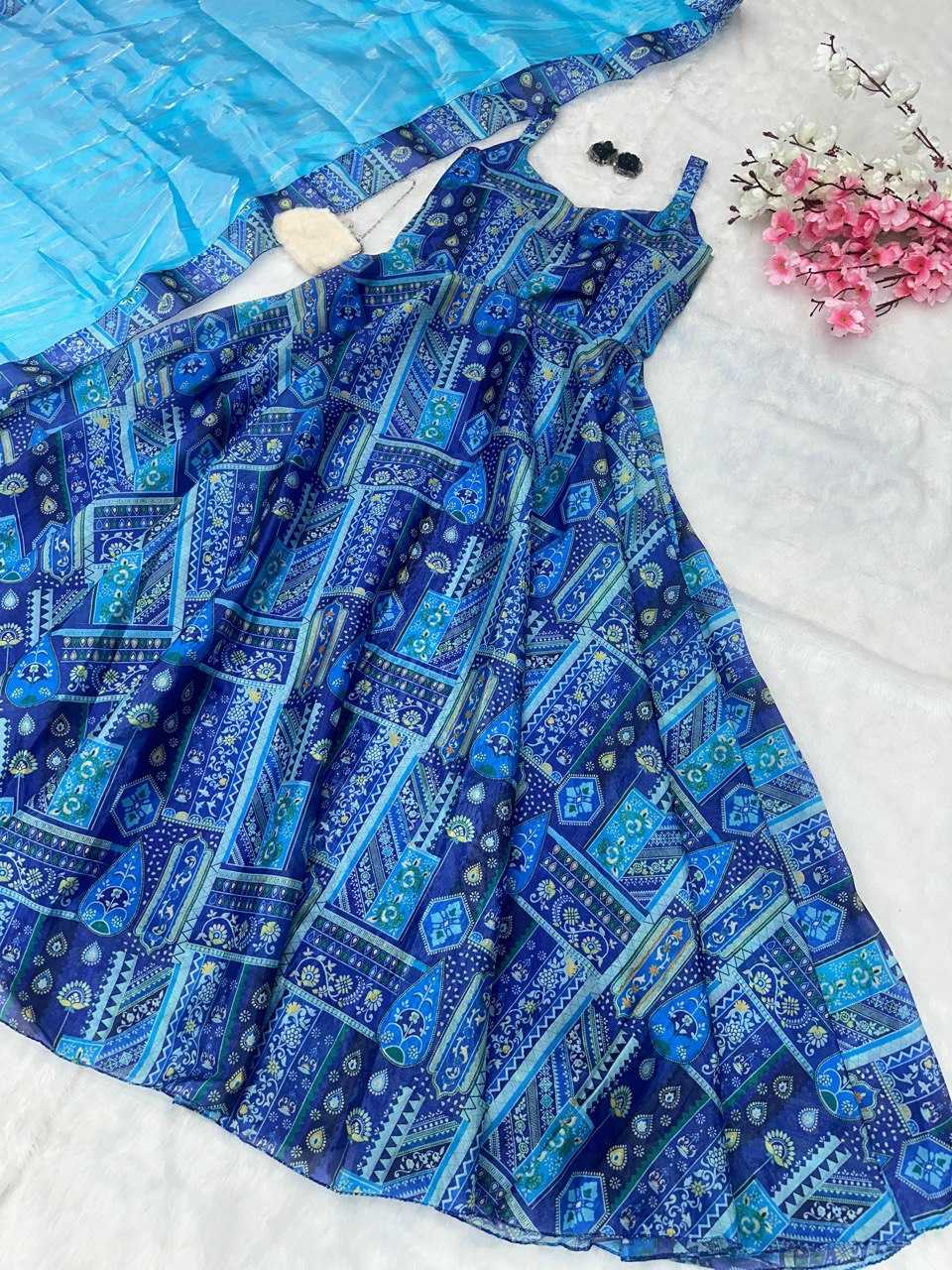 YNF JIMMY CHOO KESH154 264 GOWNS WHOLESALE PRINTED ANARKALI SILK SLEEVELESS GOWNS MANUFACTURER - Deevit International