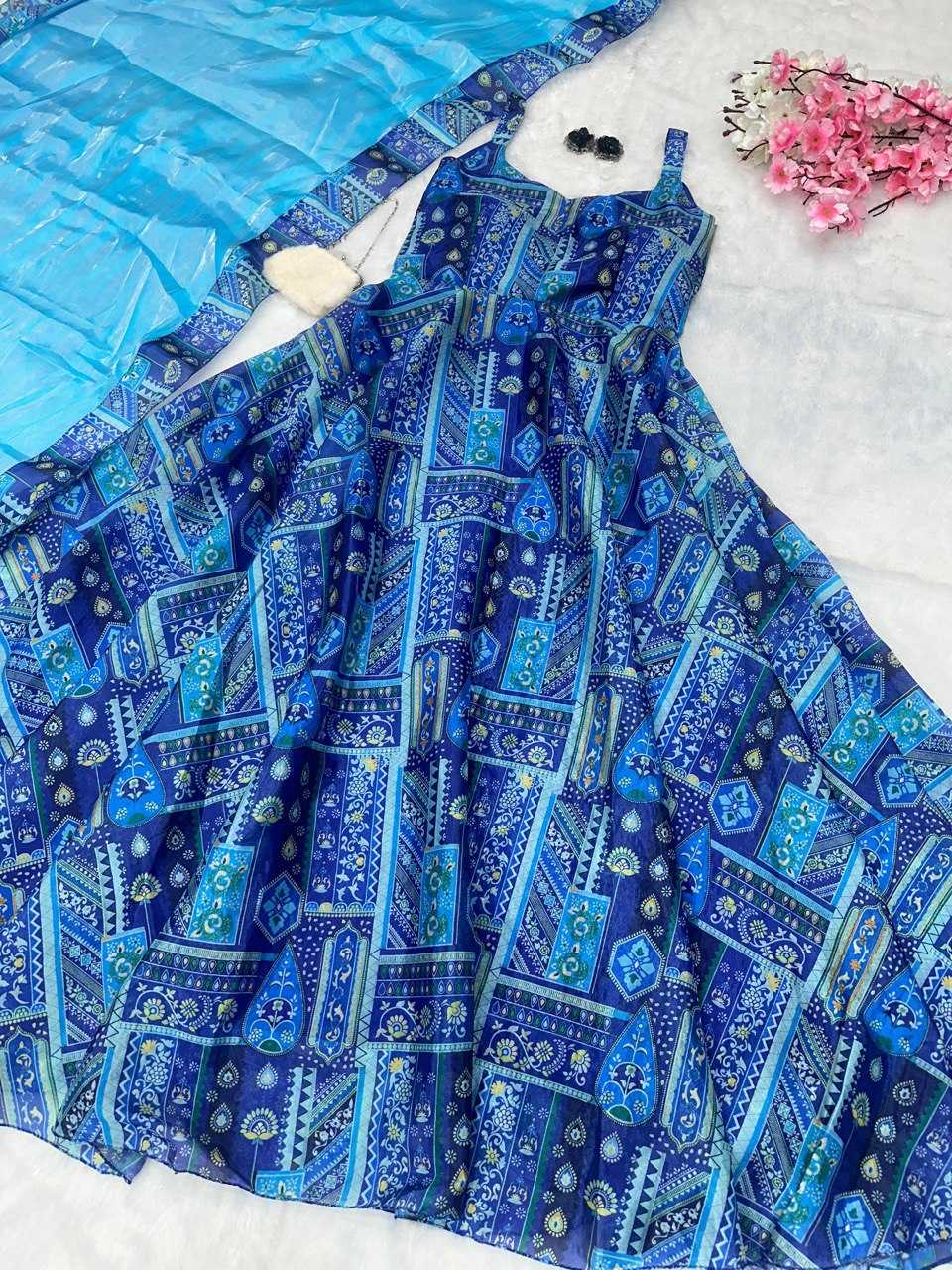 YNF JIMMY CHOO KESH154 264 GOWNS WHOLESALE PRINTED ANARKALI SILK SLEEVELESS GOWNS MANUFACTURER - Deevit International