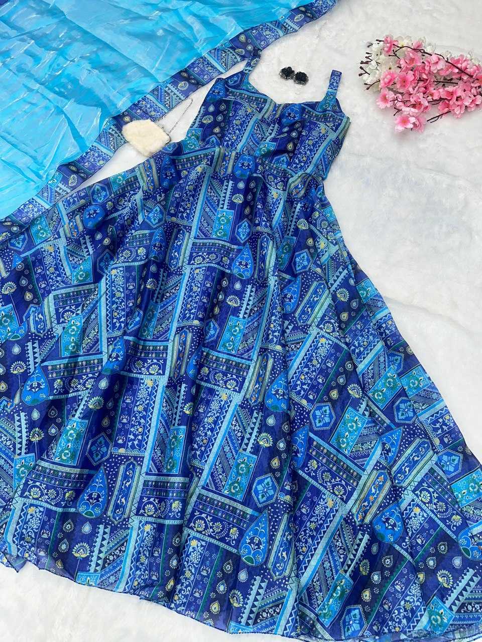 YNF JIMMY CHOO KESH154 264 GOWNS WHOLESALE PRINTED ANARKALI SILK SLEEVELESS GOWNS MANUFACTURER - Deevit International