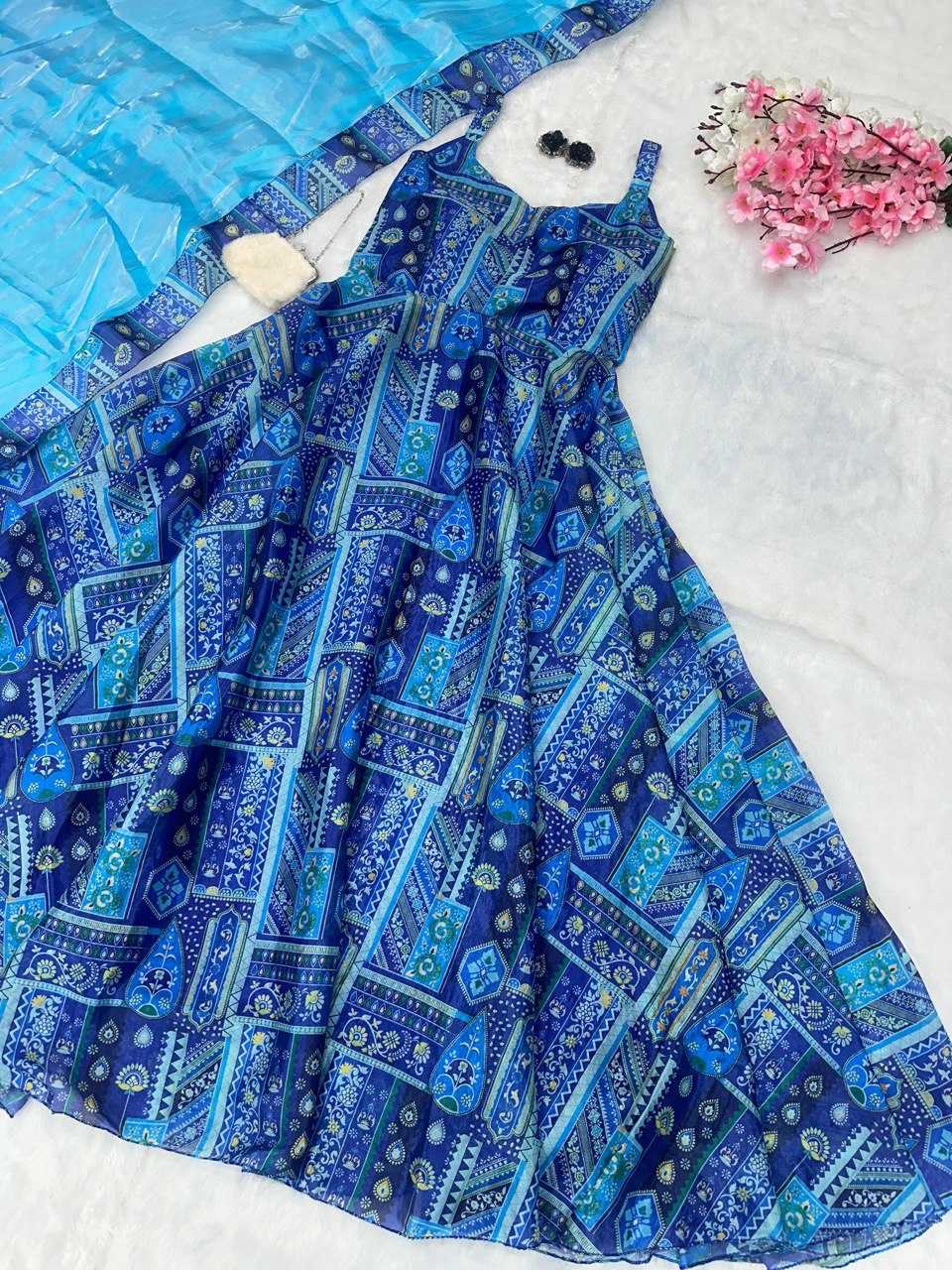 YNF JIMMY CHOO KESH154 264 GOWNS WHOLESALE PRINTED ANARKALI SILK SLEEVELESS GOWNS MANUFACTURER - Deevit International