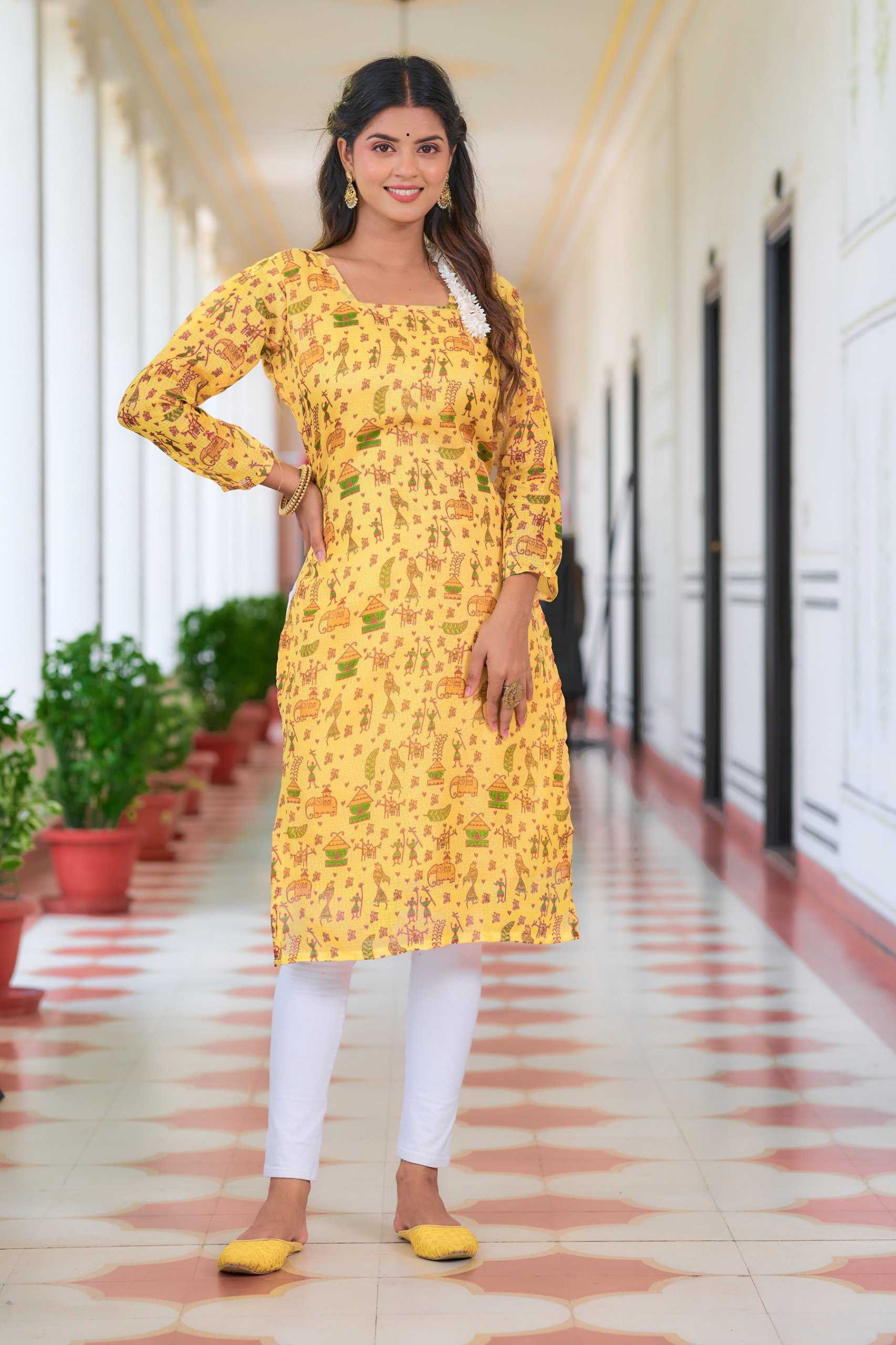 YNF KOTA CHEX KESH243 1037 KURTIS WHOLESALE PRINTED LADIES YELLOW FULL SLEEVE KURTIS MANUFACTURER - Deevit International