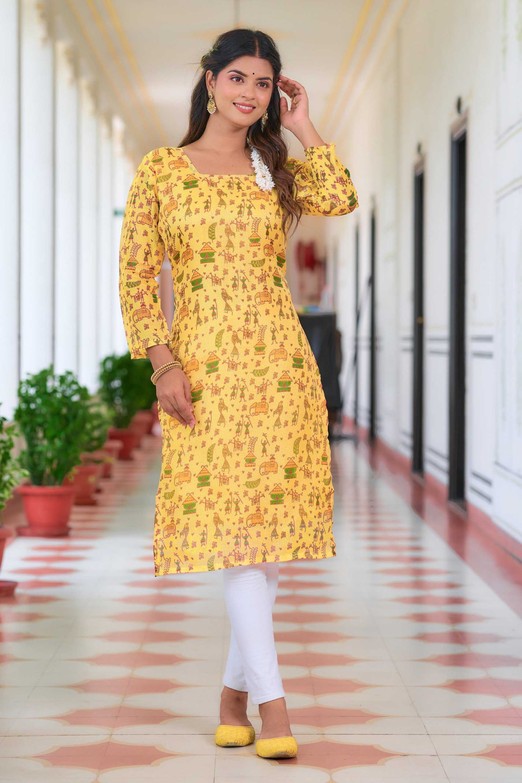 YNF KOTA CHEX KESH243 1037 KURTIS WHOLESALE PRINTED LADIES YELLOW FULL SLEEVE KURTIS MANUFACTURER - Deevit International