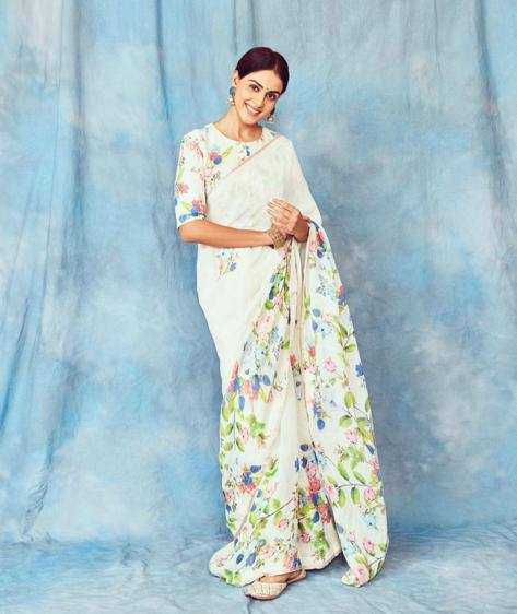 YNF LINEN KESH223 137 SAREES WHOLESALE WHITE COTTON PRINTED LINEN SAREES MANUFACTURER - Deevit International