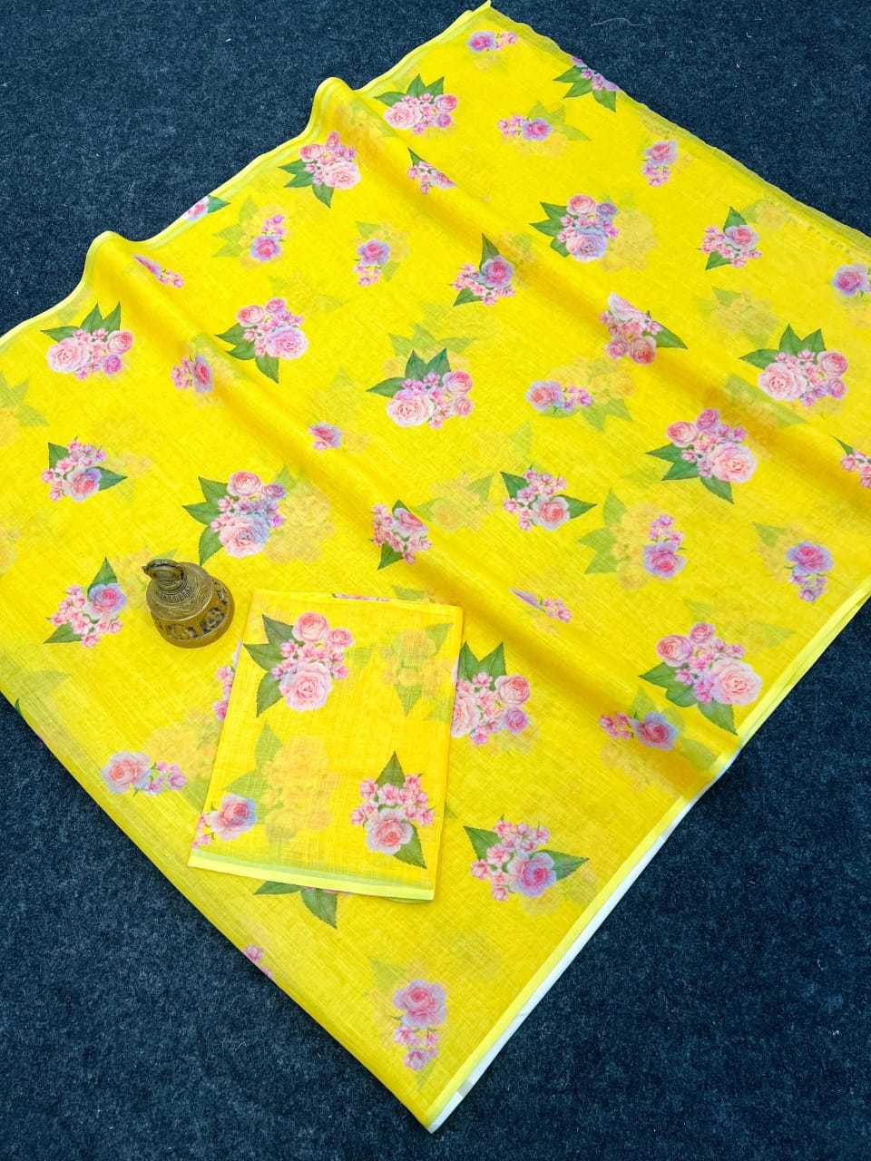 YNF LINEN KESH223 505 SAREES WHOLESALE YELLOW PRINTED LINEN SAREES MANUFACTURER - Deevit International