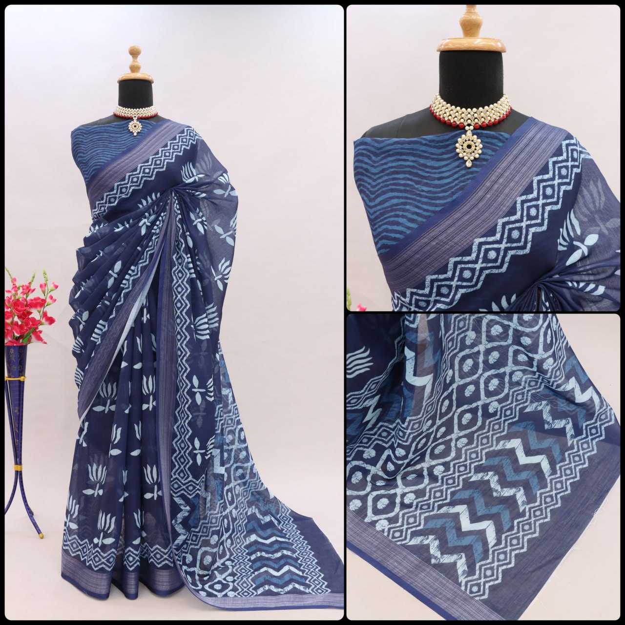 YNF LINEN KESH255 ETF03 SAREES WHOLESALE TRADITIONA PRINTED ZARI BORDER LINEN SAREES MANUFACTURER - Deevit International