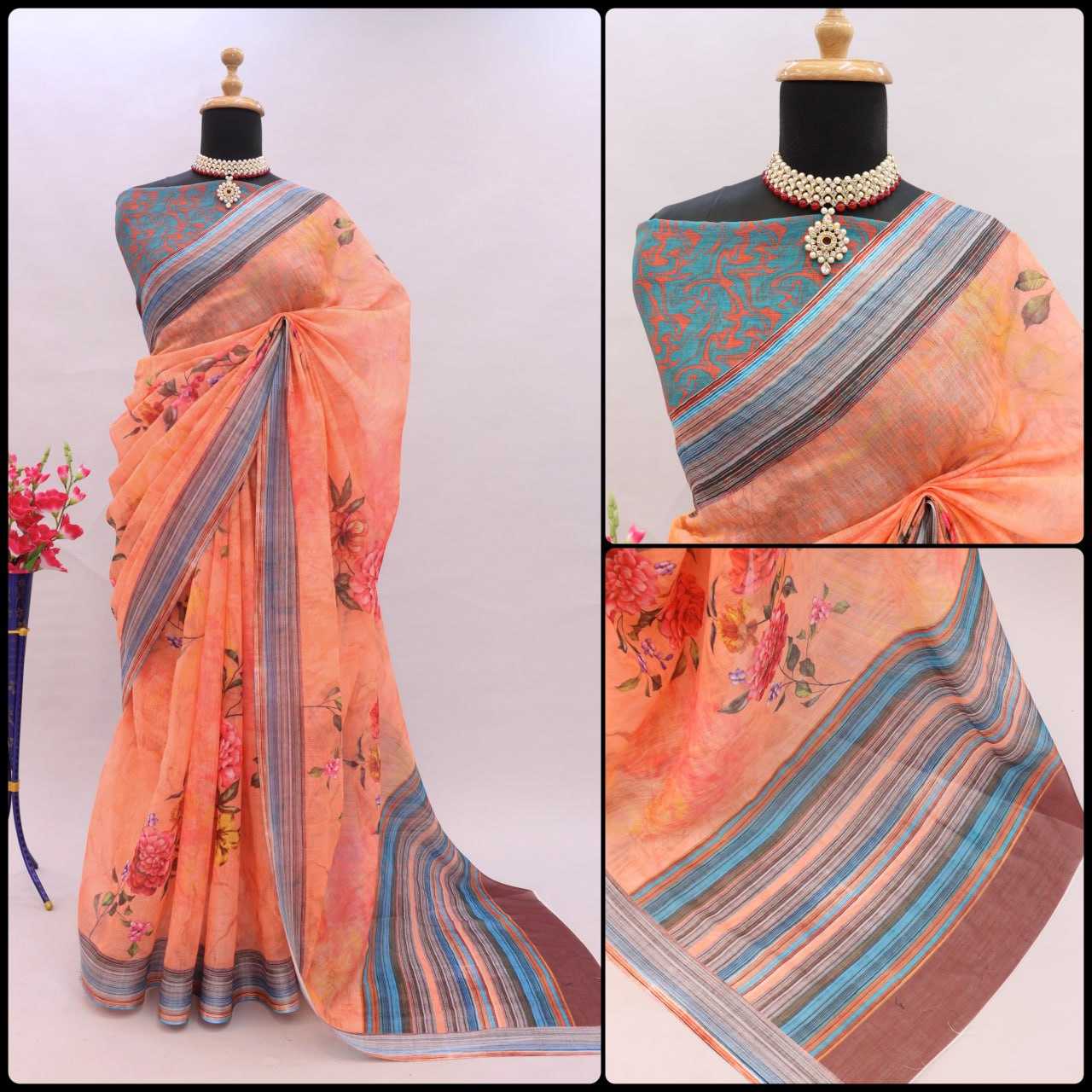 YNF LINEN KESH255 ETF03 SAREES WHOLESALE TRADITIONA PRINTED ZARI BORDER LINEN SAREES MANUFACTURER - Deevit International