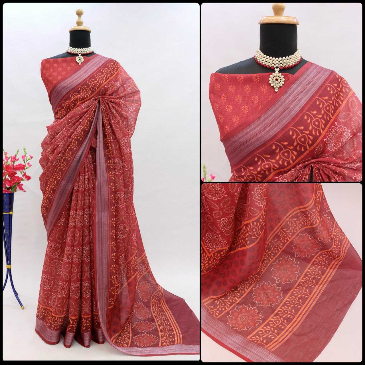 YNF LINEN KESH255 ETF03 SAREES WHOLESALE TRADITIONA PRINTED ZARI BORDER LINEN SAREES MANUFACTURER - Deevit International