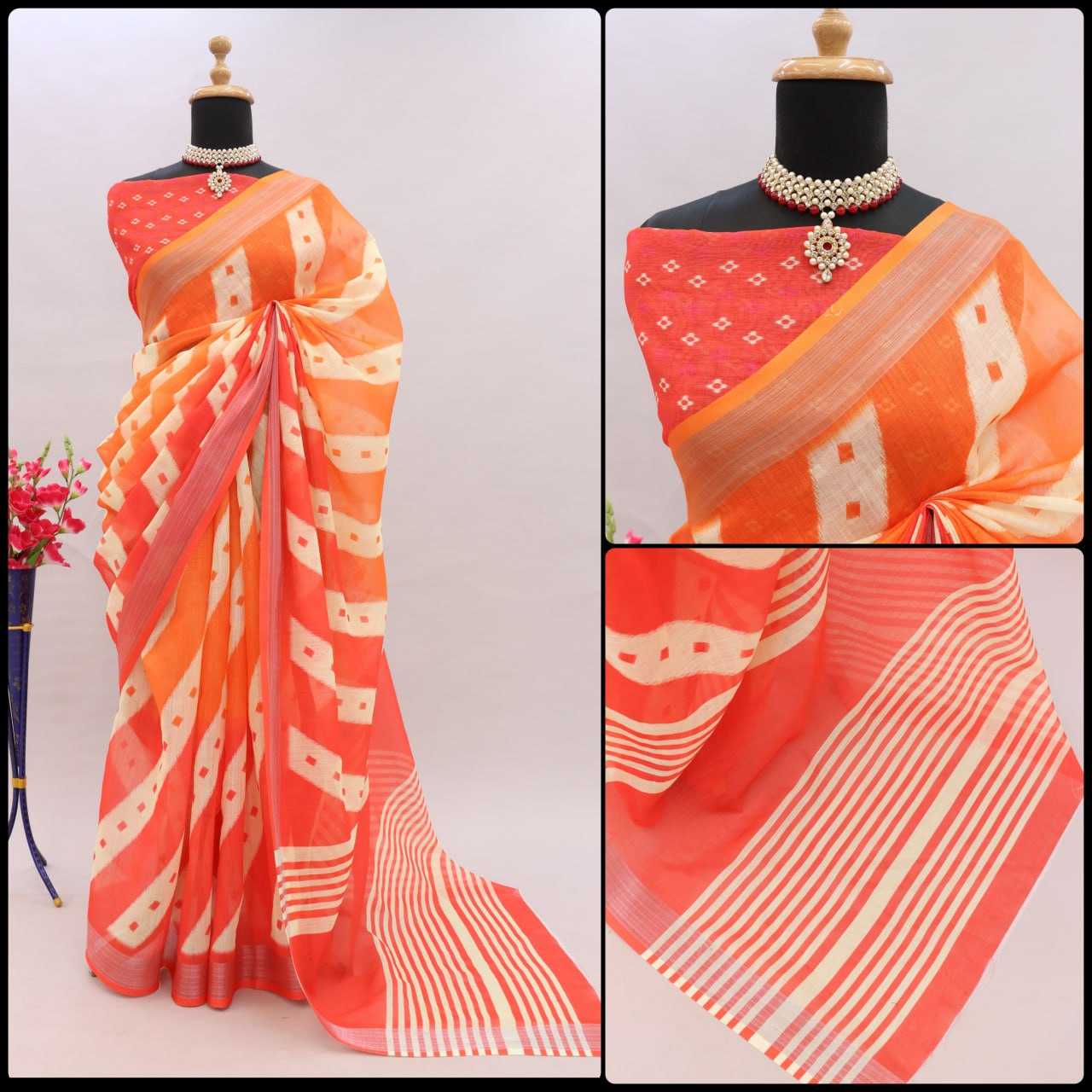 YNF LINEN KESH255 ETF03 SAREES WHOLESALE TRADITIONA PRINTED ZARI BORDER LINEN SAREES MANUFACTURER - Deevit International