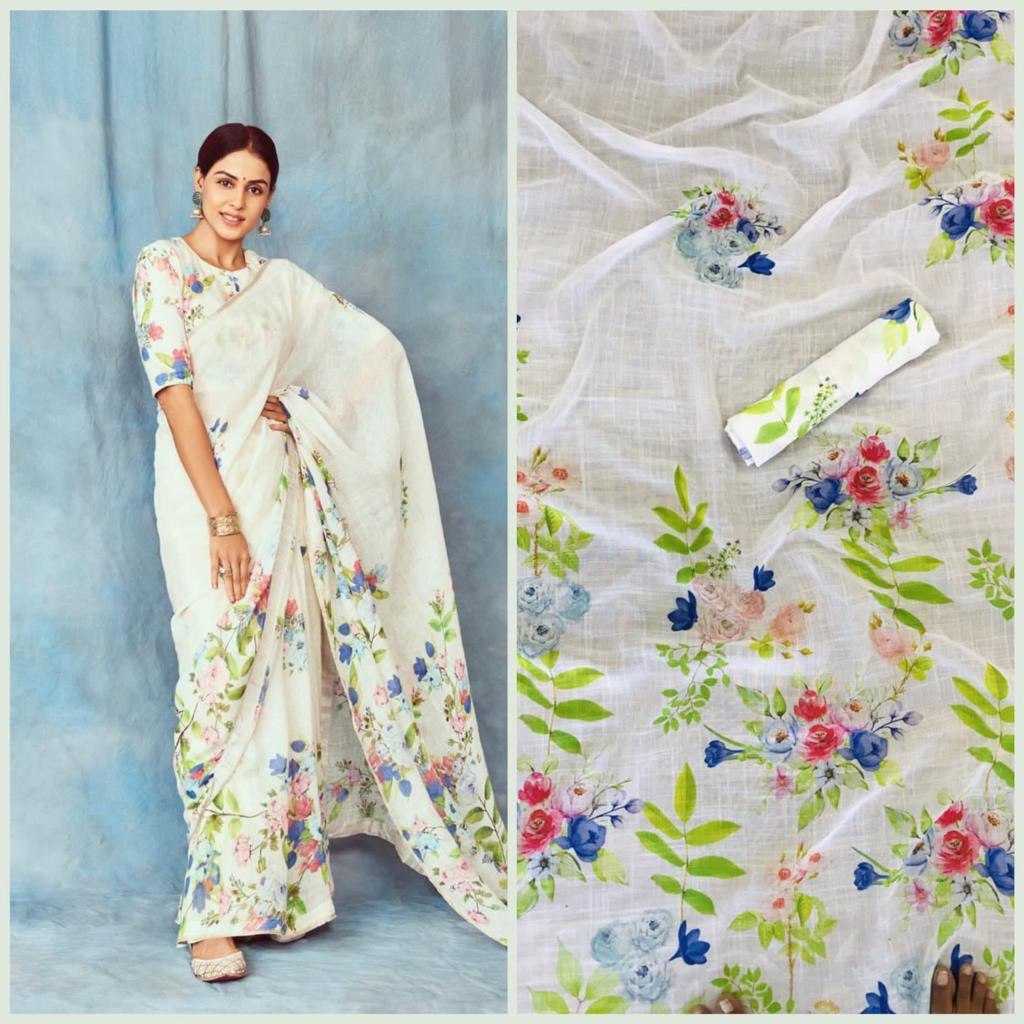 YNF LINEN RIN119 001 SAREES WHOLESALE PRINTED LADIES WHITE LINEN SAREES MANUFACTURER - Deevit International