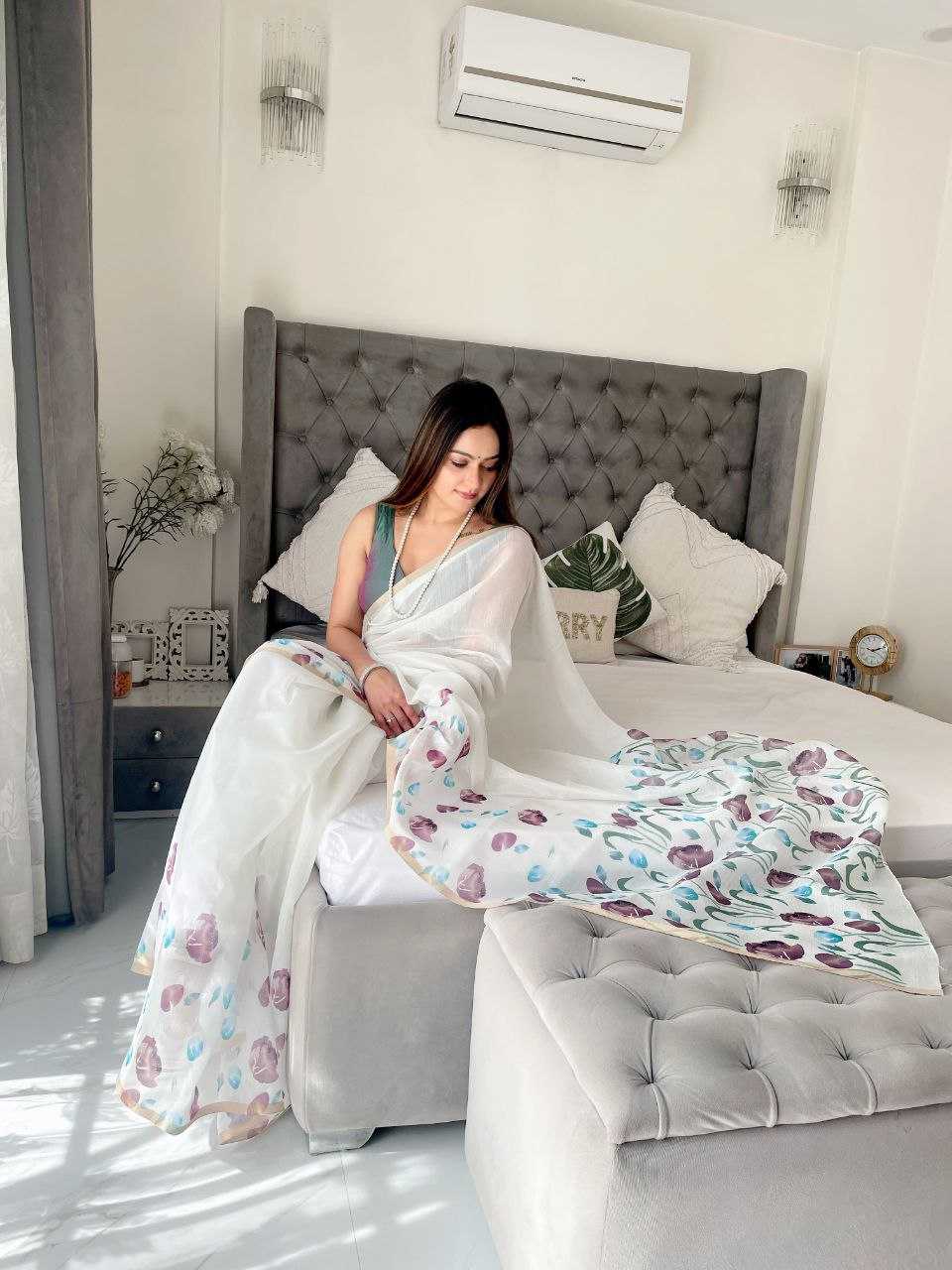 YNF LINEN RIN171 594 SAREES WHOLESALE PRINTED WHITE FLORAL LINEN SAREES MANUFACTURER - Deevit International