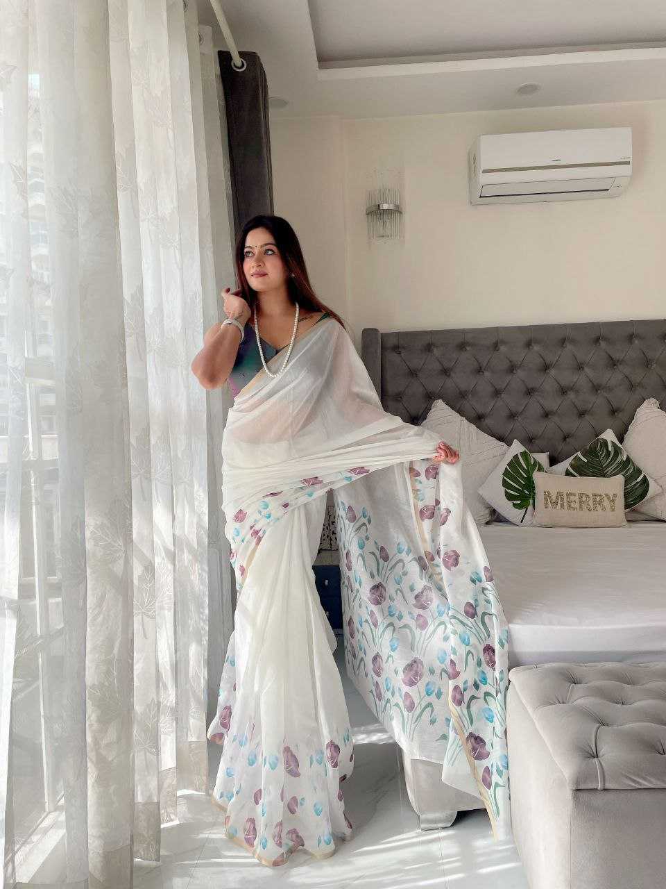 YNF LINEN RIN171 594 SAREES WHOLESALE PRINTED WHITE FLORAL LINEN SAREES MANUFACTURER - Deevit International