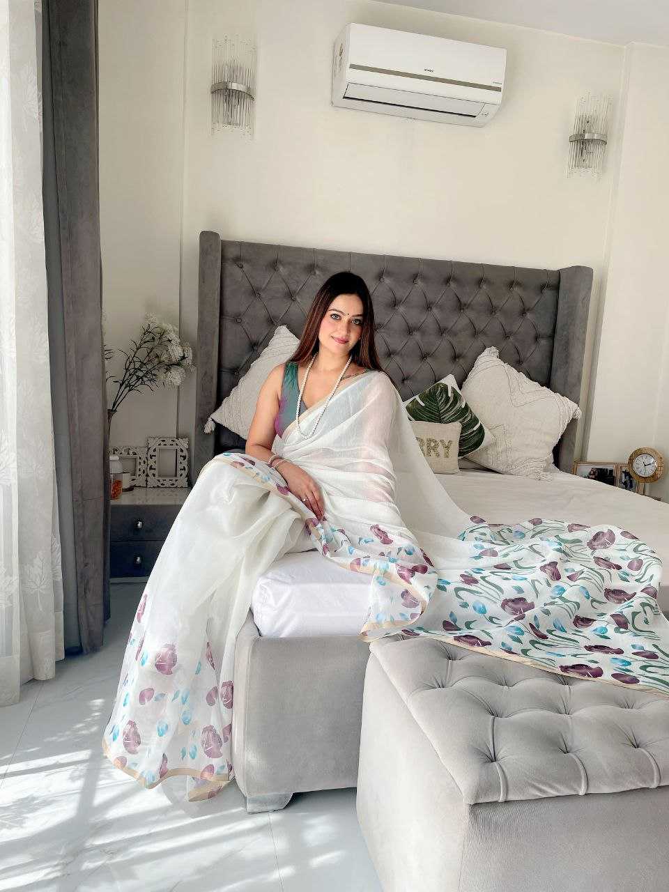 YNF LINEN RIN171 594 SAREES WHOLESALE PRINTED WHITE FLORAL LINEN SAREES MANUFACTURER - Deevit International