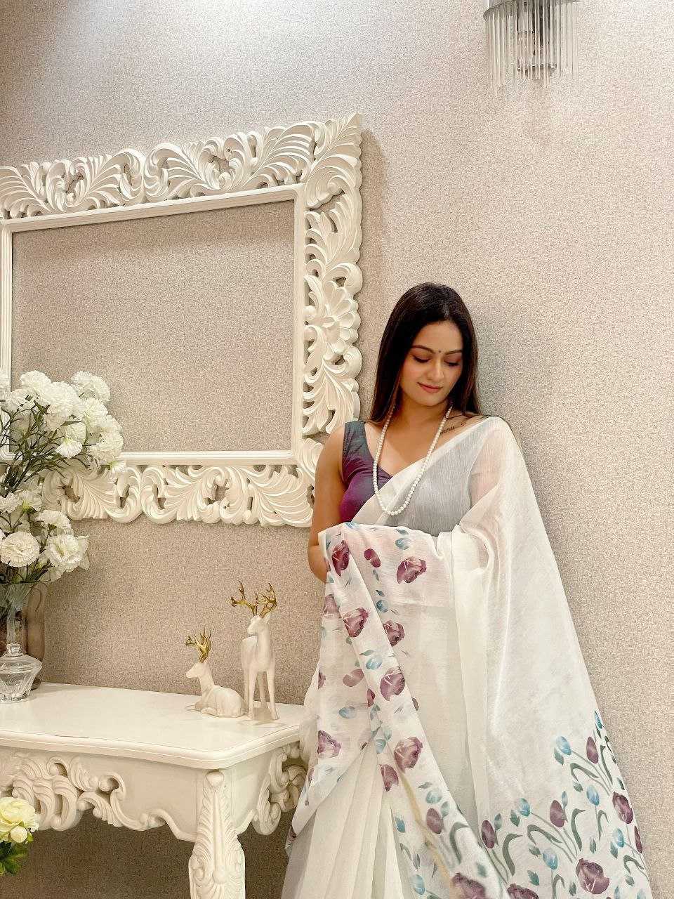 YNF LINEN RIN171 594 SAREES WHOLESALE PRINTED WHITE FLORAL LINEN SAREES MANUFACTURER - Deevit International