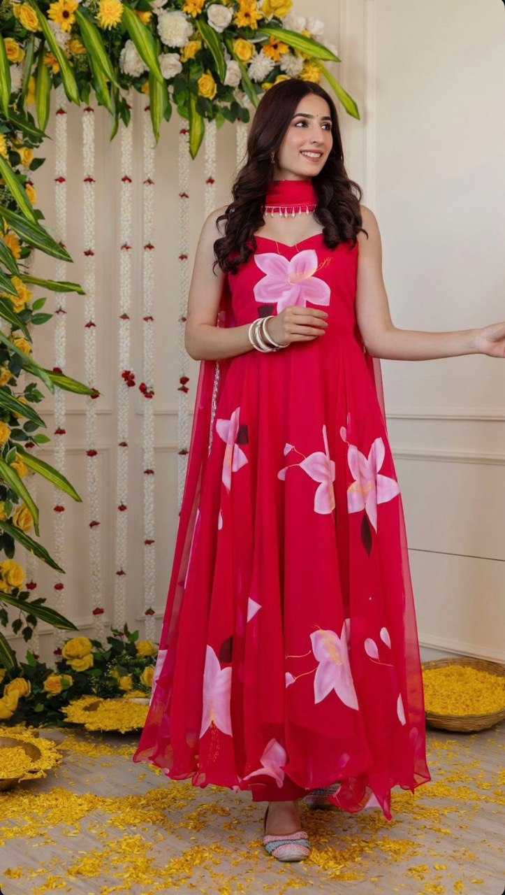 YNF ORGANZA KESH154 261 GOWNS WHOLESALE PINK ANARAKLI PRINTED SLEEVELESS GOWNS MANUFACTURER - Deevit International