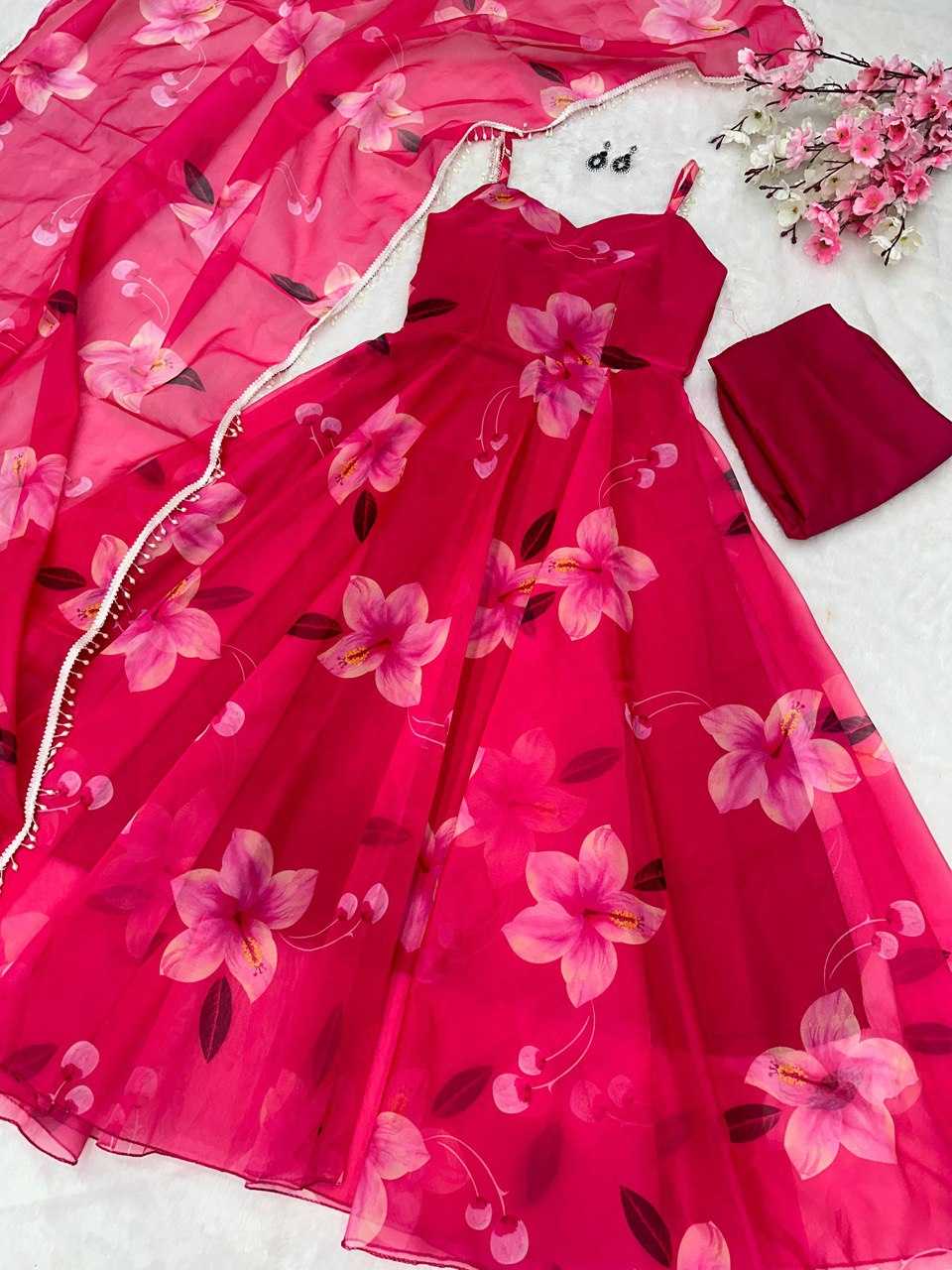 YNF ORGANZA KESH154 261 GOWNS WHOLESALE PINK ANARAKLI PRINTED SLEEVELESS GOWNS MANUFACTURER - Deevit International