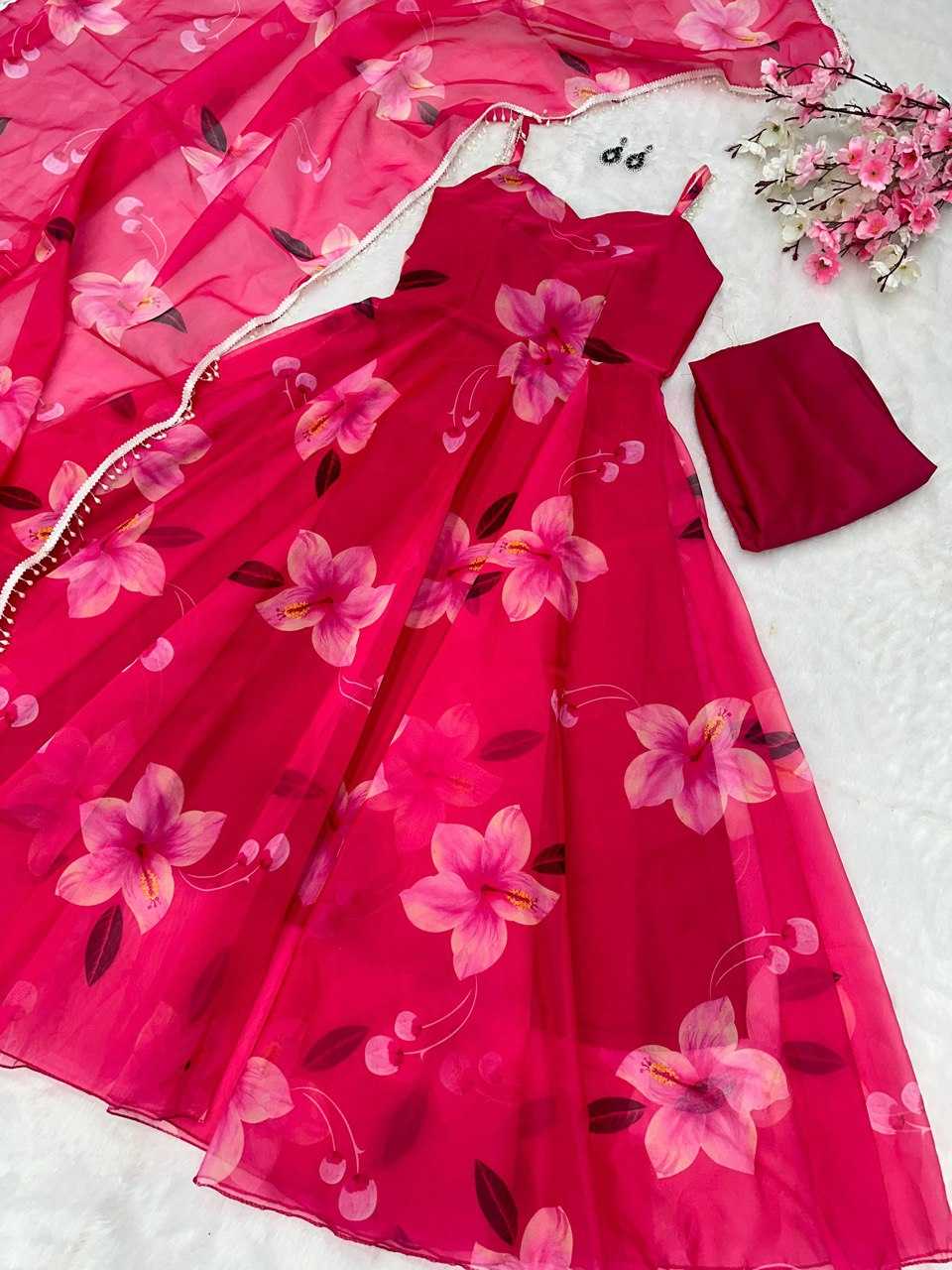 YNF ORGANZA KESH154 261 GOWNS WHOLESALE PINK ANARAKLI PRINTED SLEEVELESS GOWNS MANUFACTURER - Deevit International