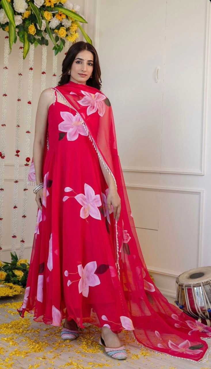 YNF ORGANZA KESH154 261 GOWNS WHOLESALE PINK ANARAKLI PRINTED SLEEVELESS GOWNS MANUFACTURER - Deevit International