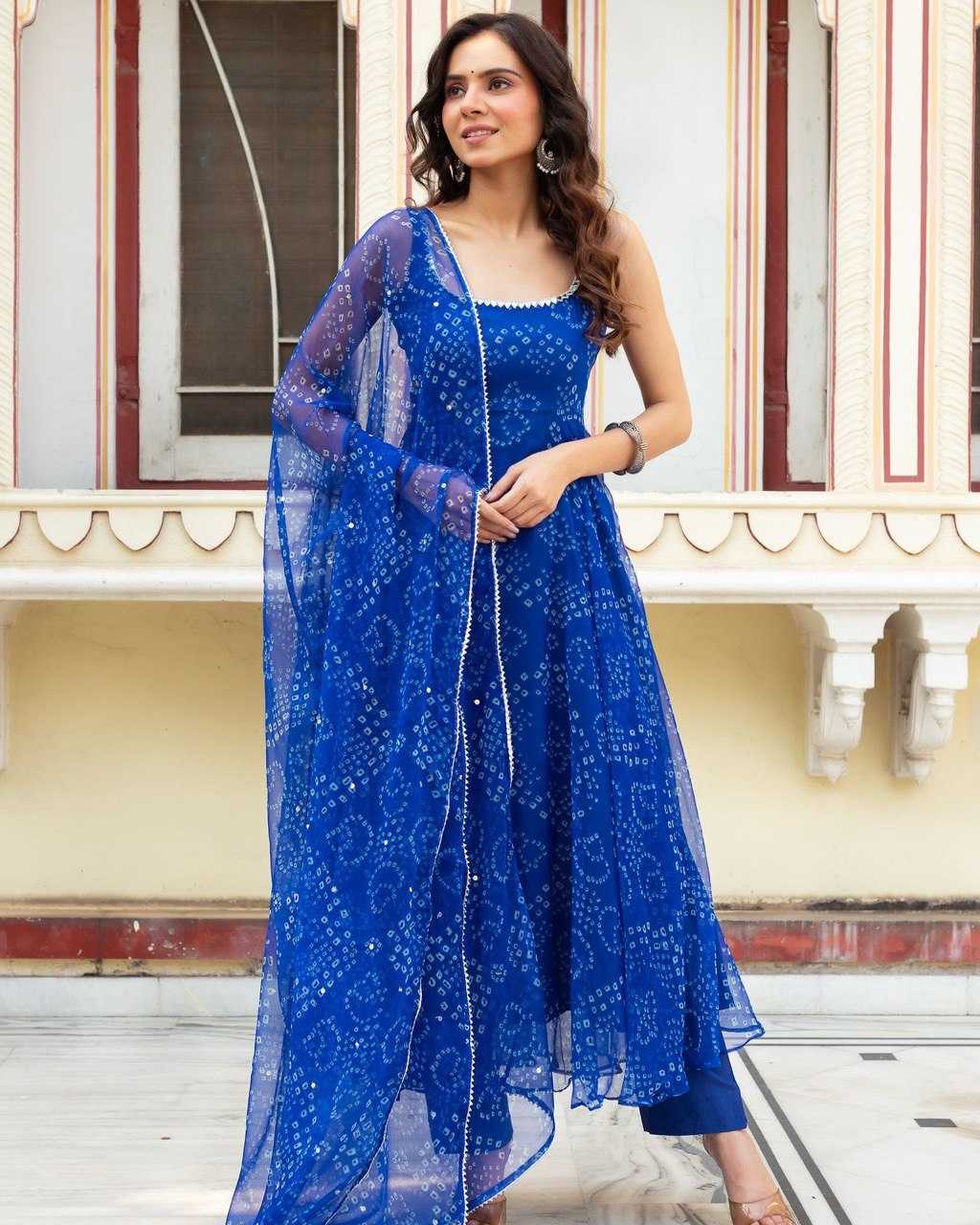 YNF ORGANZA SILK KESH154 262 GOWNS WHOLESALE BLUE ANARAKLI PRINTED SLEEVELESSGOWNS MANUFACTURER - Deevit International