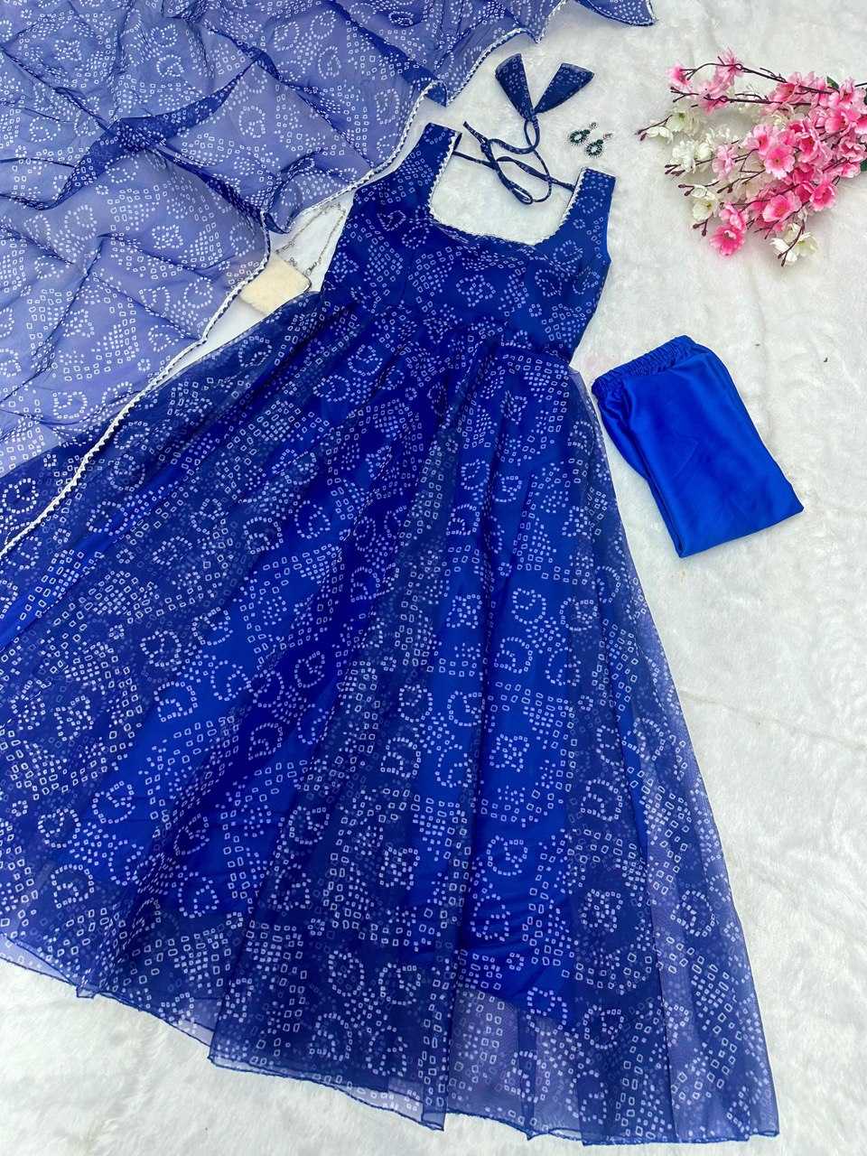 YNF ORGANZA SILK KESH154 262 GOWNS WHOLESALE BLUE ANARAKLI PRINTED SLEEVELESSGOWNS MANUFACTURER - Deevit International