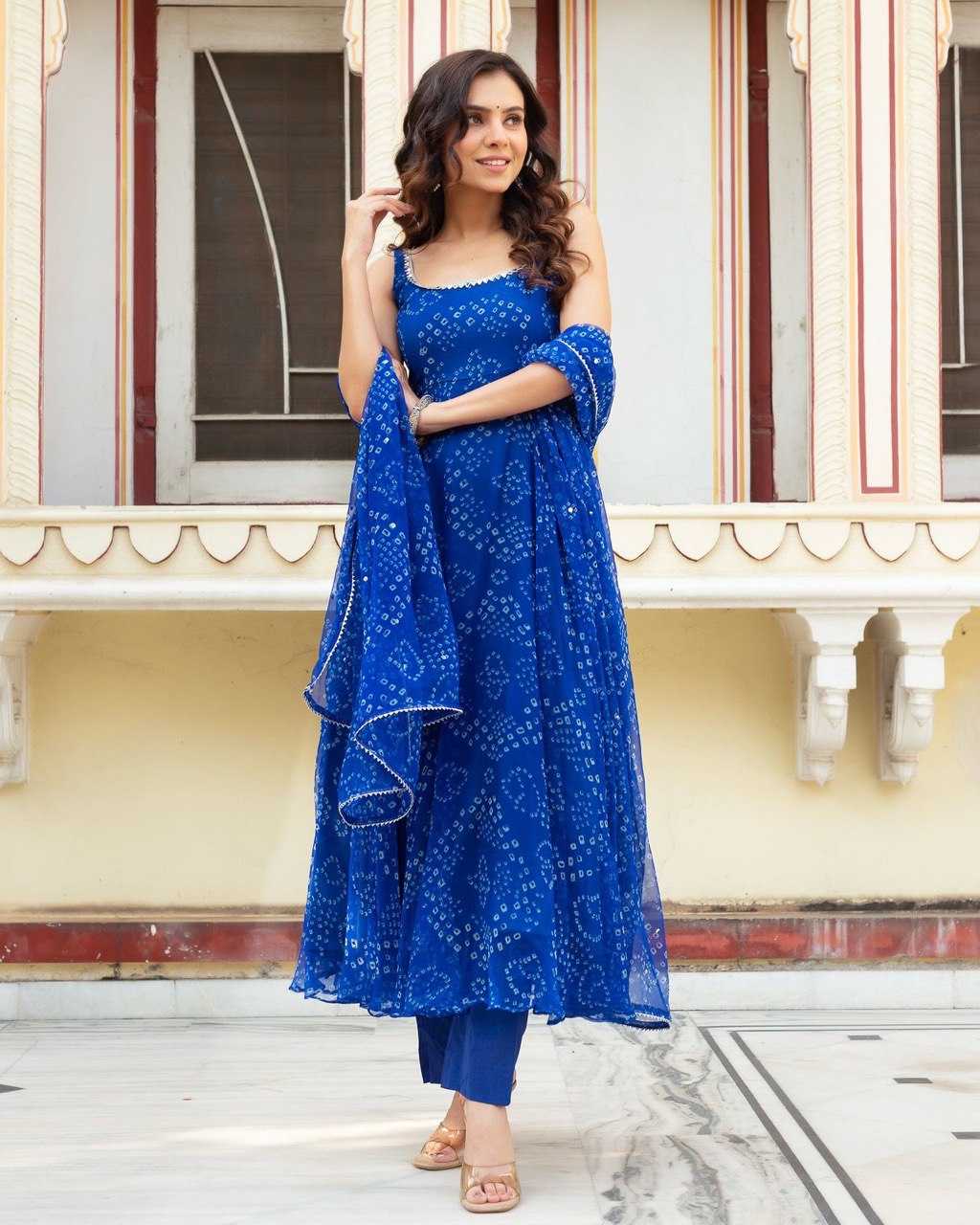 YNF ORGANZA SILK KESH154 262 GOWNS WHOLESALE BLUE ANARAKLI PRINTED SLEEVELESSGOWNS MANUFACTURER - Deevit International