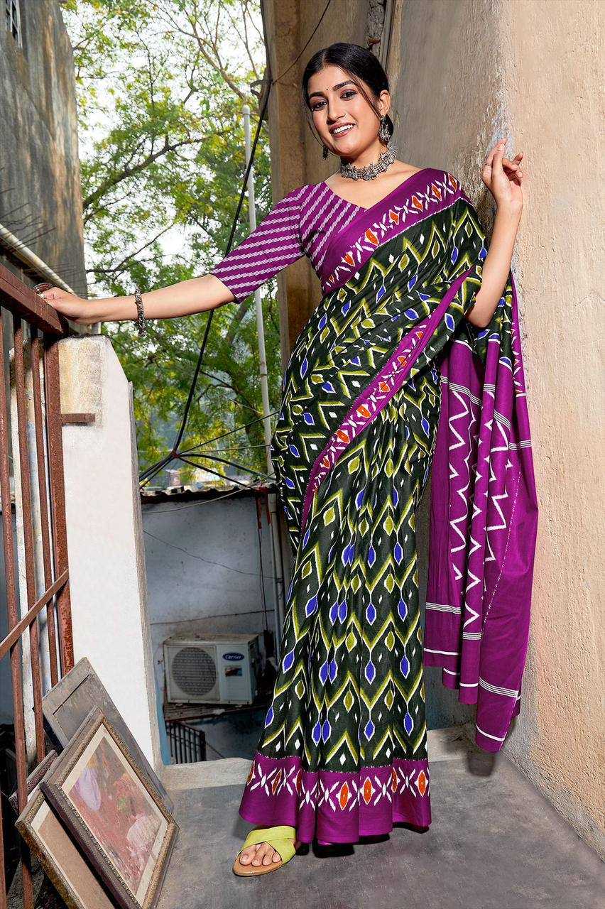 YNF PURE COTTON KESH244  IKKAT FUNDA SAREES WHOLESALE BLOCK PRINTED COTTON LADIES OFFICE WEAR SAREES MANUFACTURER - Deevit International