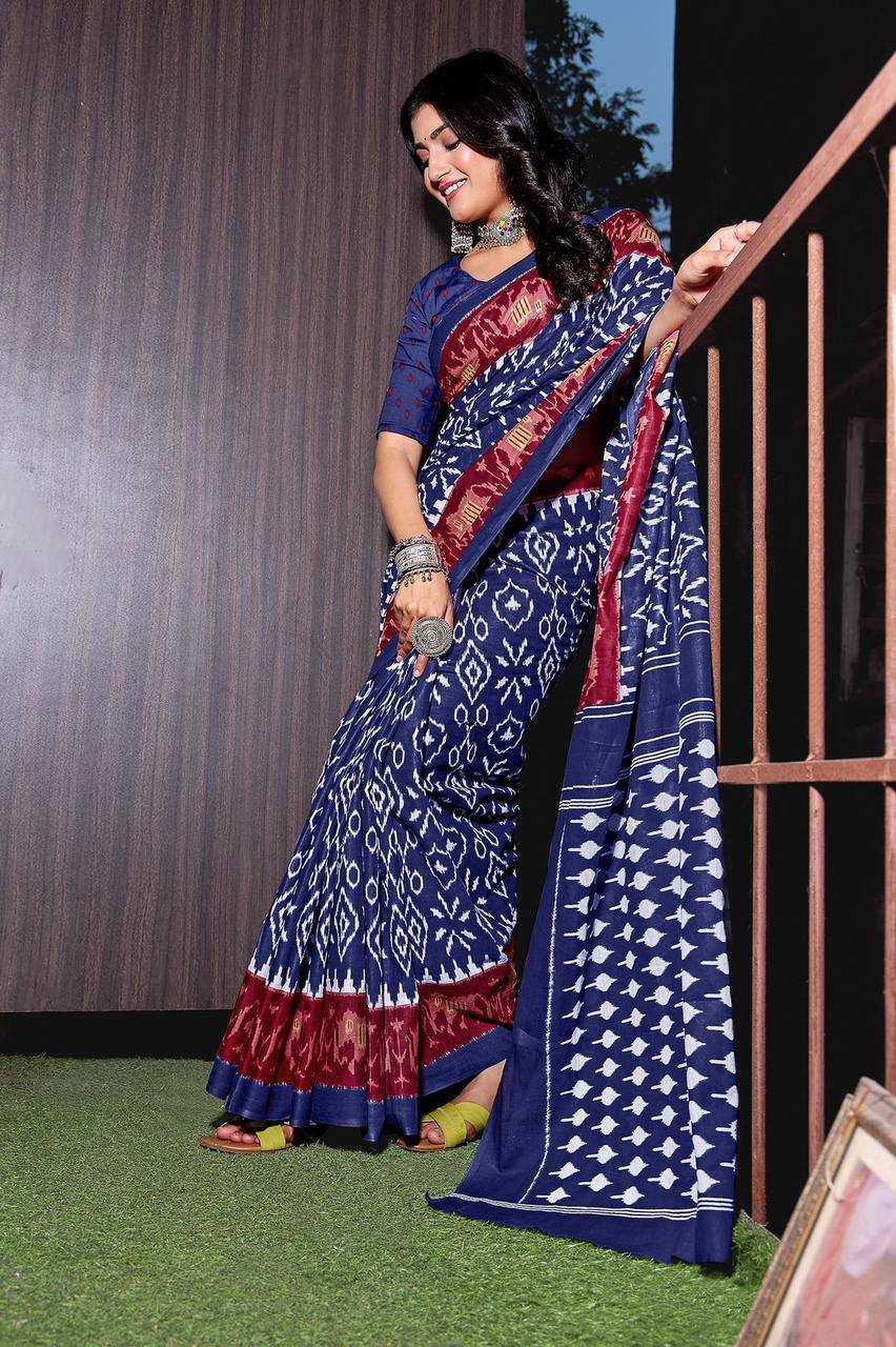 YNF PURE COTTON KESH244  IKKAT FUNDA SAREES WHOLESALE BLOCK PRINTED COTTON LADIES OFFICE WEAR SAREES MANUFACTURER - Deevit International