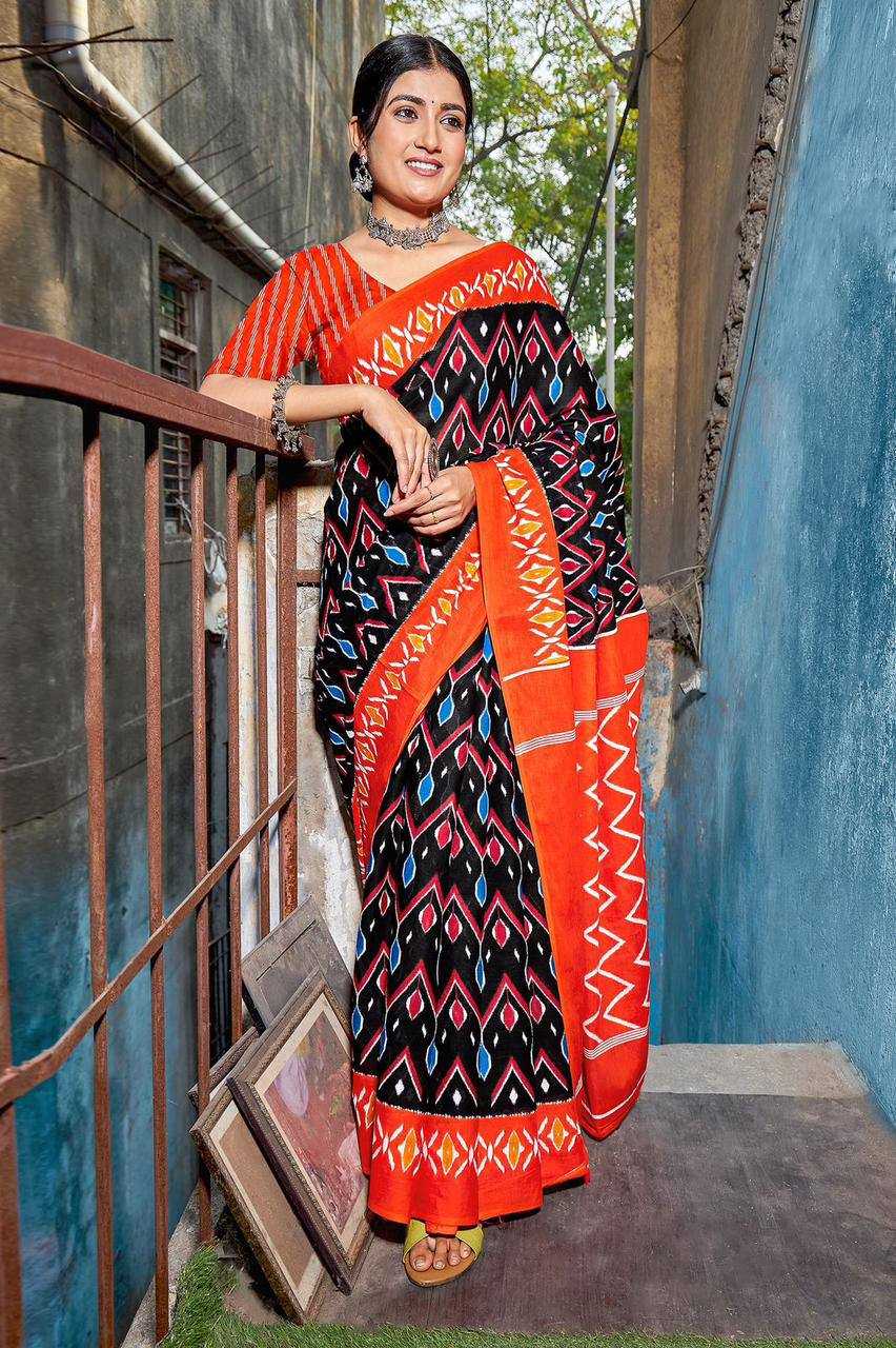 YNF PURE COTTON KESH244  IKKAT FUNDA SAREES WHOLESALE BLOCK PRINTED COTTON LADIES OFFICE WEAR SAREES MANUFACTURER - Deevit International