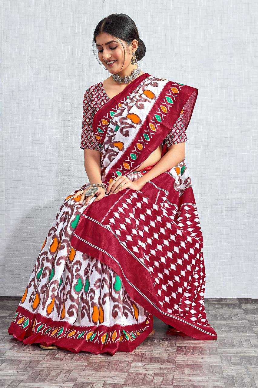 YNF PURE COTTON KESH244  IKKAT FUNDA SAREES WHOLESALE BLOCK PRINTED COTTON LADIES OFFICE WEAR SAREES MANUFACTURER - Deevit International