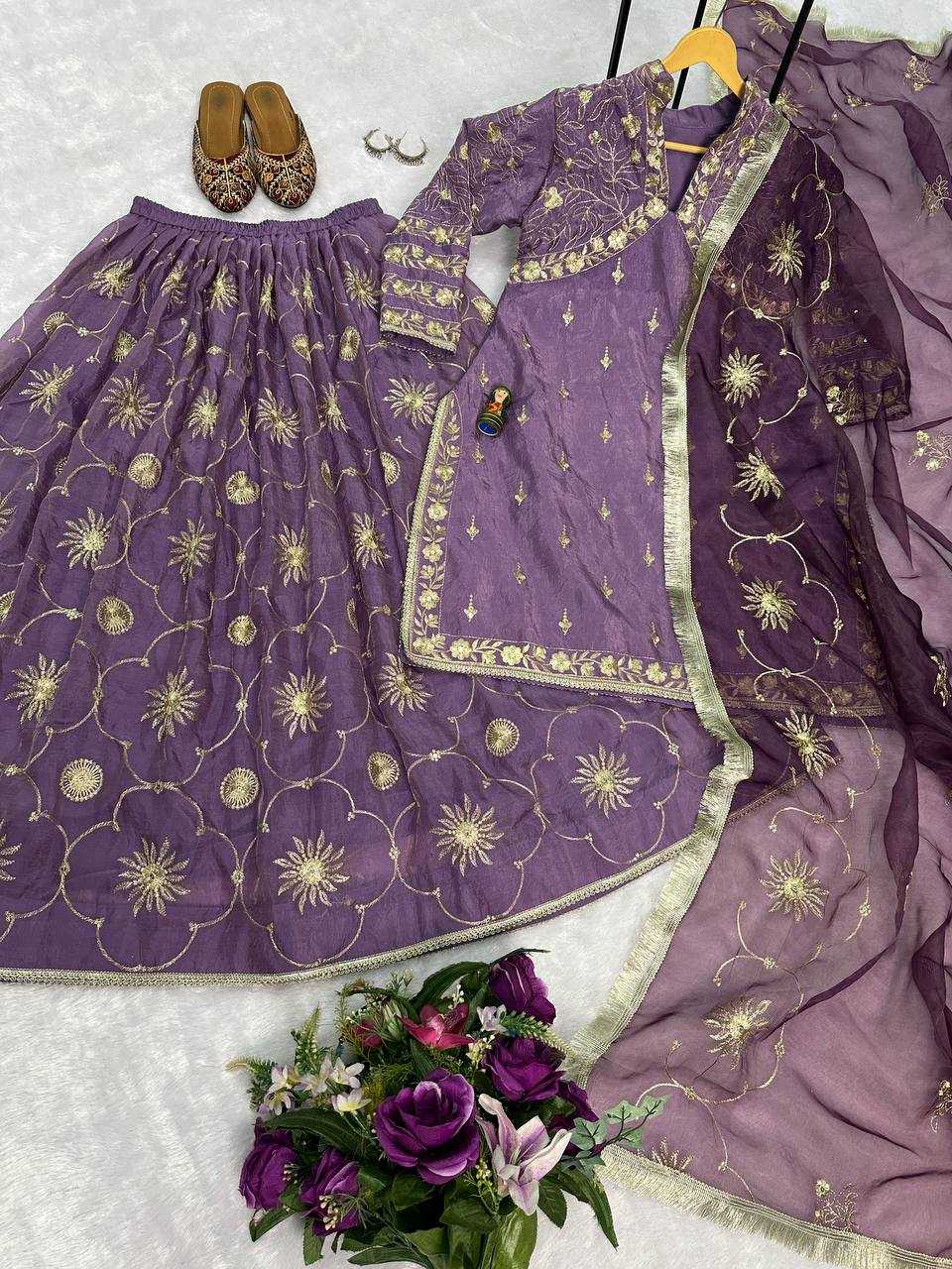 YNF RUSSIAN SILK RIN181 1071 LEHENGAS WHOLESALE SILK EMBROIDERED PURPLE LEHENGAS MANUFACTURER - Deevit International