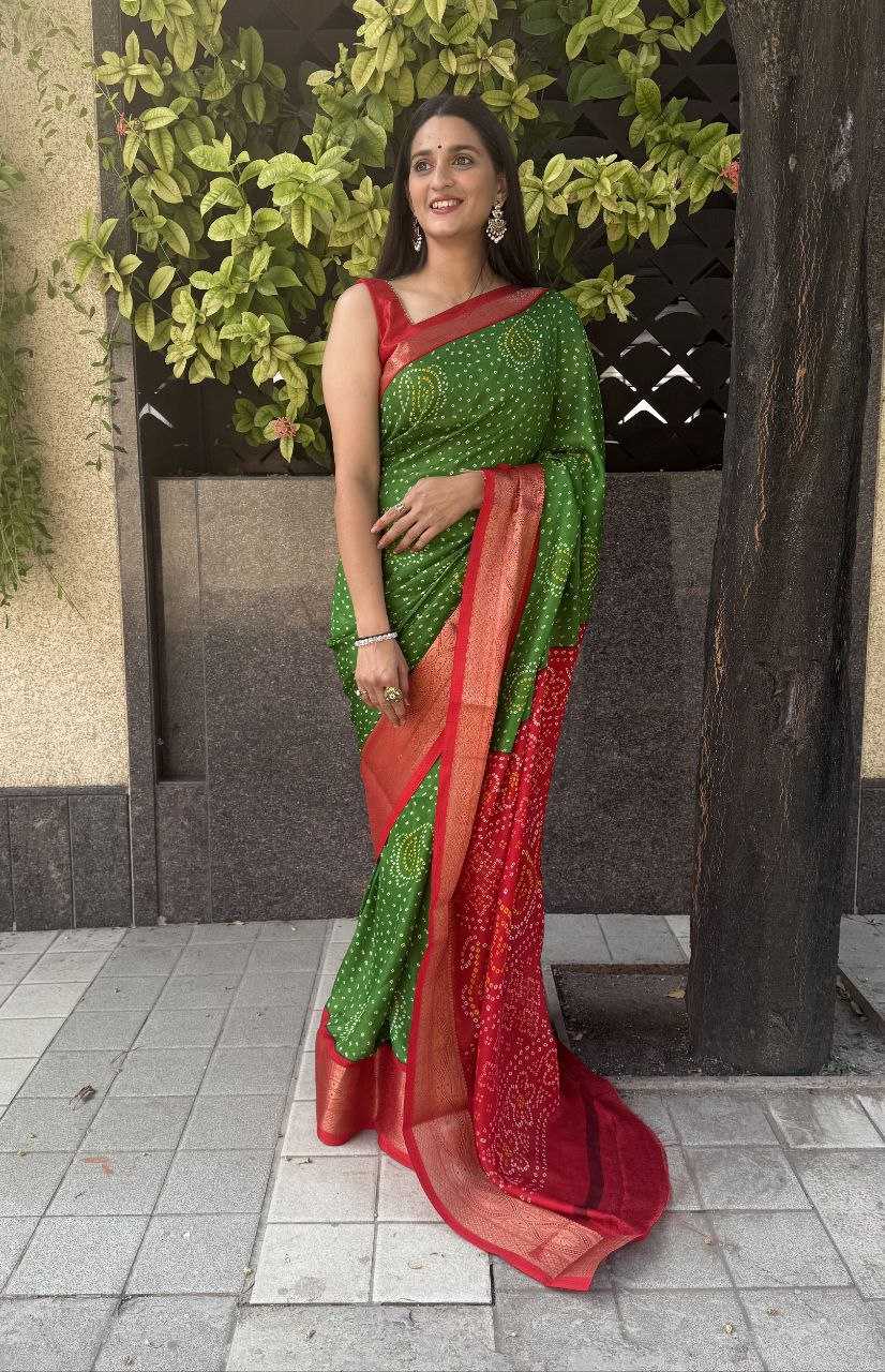 YNF SILK KESH117 RWC35 SAREES WHOLESALE SILK ZARI BORDER SILK BANDHANI GREEN SAREES MANUFACTURER - Deevit International