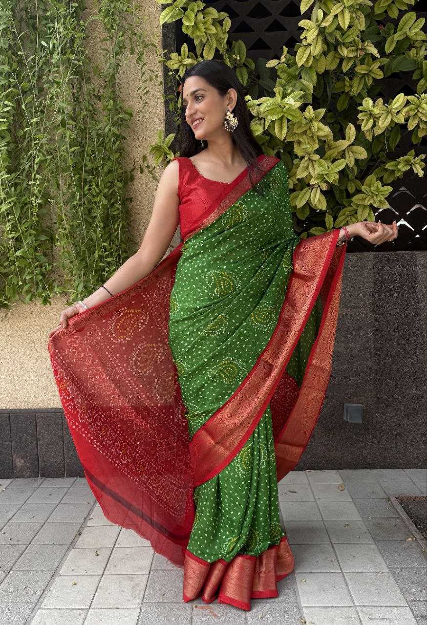 YNF SILK KESH117 RWC35 SAREES WHOLESALE SILK ZARI BORDER SILK BANDHANI GREEN SAREES MANUFACTURER - Deevit International