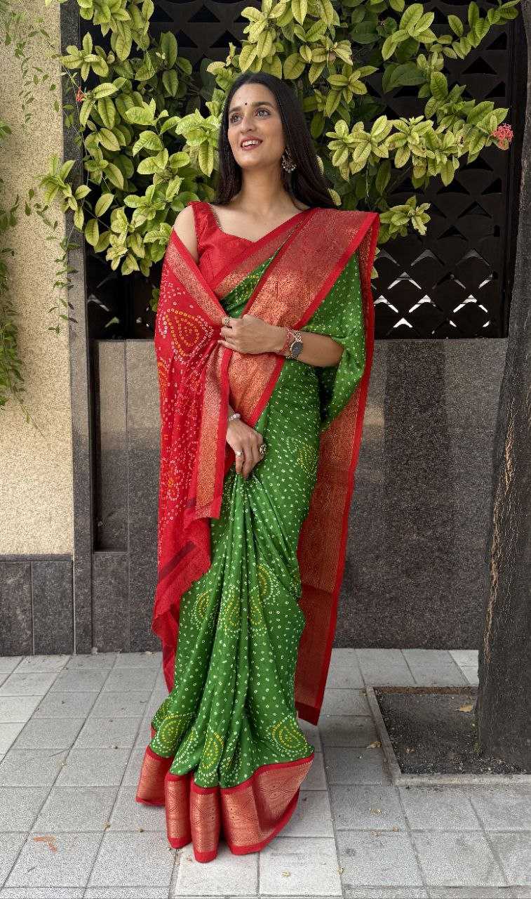 YNF SILK KESH117 RWC35 SAREES WHOLESALE SILK ZARI BORDER SILK BANDHANI GREEN SAREES MANUFACTURER - Deevit International