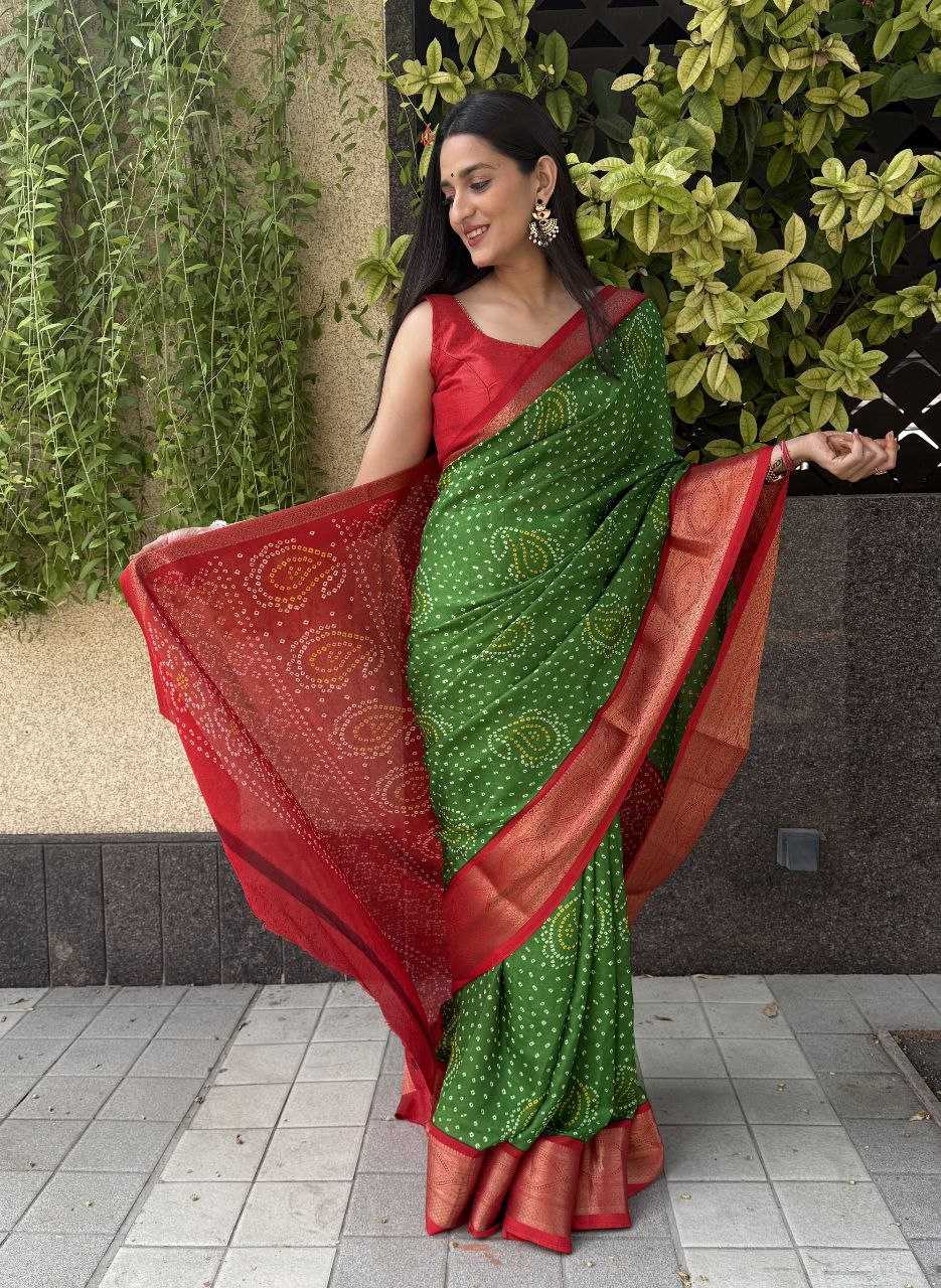 YNF SILK KESH117 RWC35 SAREES WHOLESALE SILK ZARI BORDER SILK BANDHANI GREEN SAREES MANUFACTURER - Deevit International