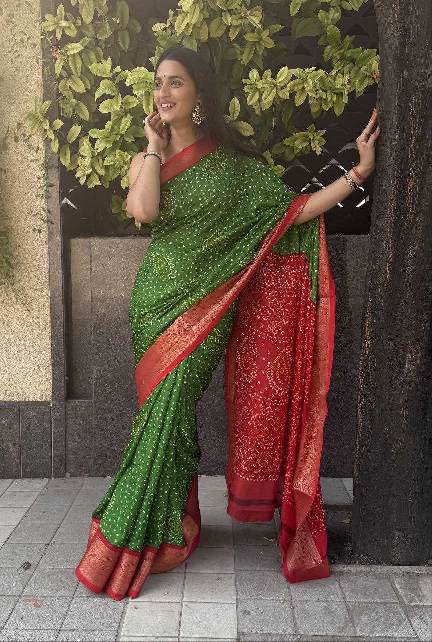 YNF SILK KESH117 RWC35 SAREES WHOLESALE SILK ZARI BORDER SILK BANDHANI GREEN SAREES MANUFACTURER - Deevit International