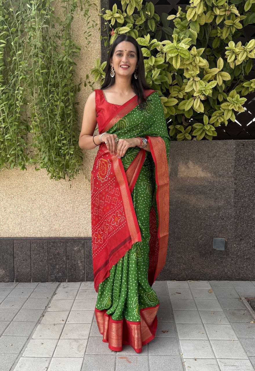 YNF SILK KESH117 RWC35 SAREES WHOLESALE SILK ZARI BORDER SILK BANDHANI GREEN SAREES MANUFACTURER - Deevit International