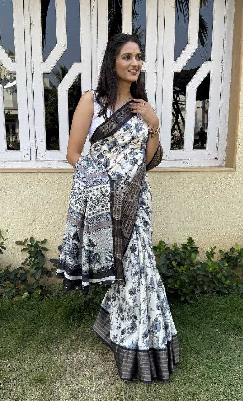 YNF SILK KESH117 RWC92 SAREES WHOLESALE PRINTED WHITE ZARI BORDER SILK SAREES MANUFACTURER - Deevit International