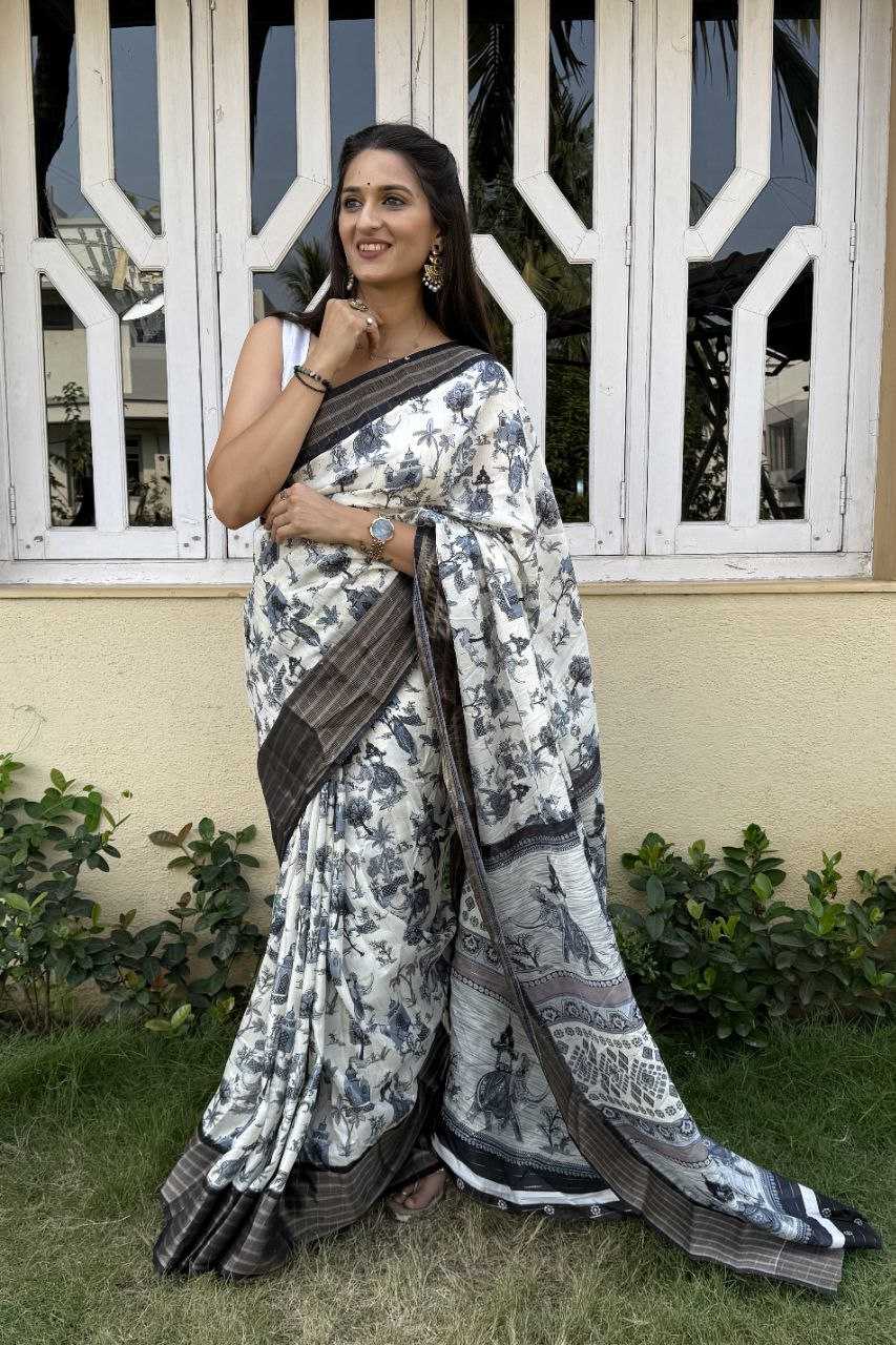 YNF SILK KESH117 RWC92 SAREES WHOLESALE PRINTED WHITE ZARI BORDER SILK SAREES MANUFACTURER - Deevit International