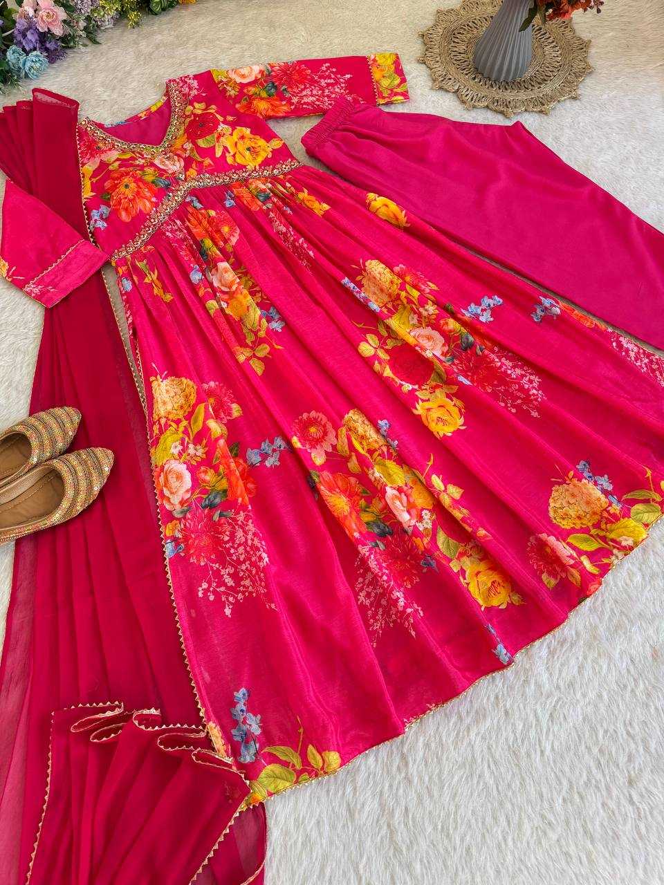 YNF SOFT CHINON KESH240 414 GOWNS WHOLESALE PINK ANARAKLI PRINTED WEDDING GEORGETTE GOWNS MANUFACTURER - Deevit International