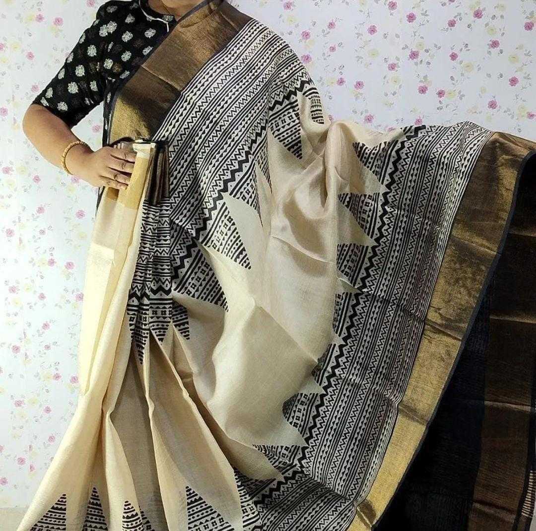 YNF TUSSAR SILK RIN149 MKD149 SILK SAREES WHOLESALE TUSSAR SILK ZARI BORDER SILK PRINTED SILK HANDLOOM SAREES MANUFACTURER - Deevit International