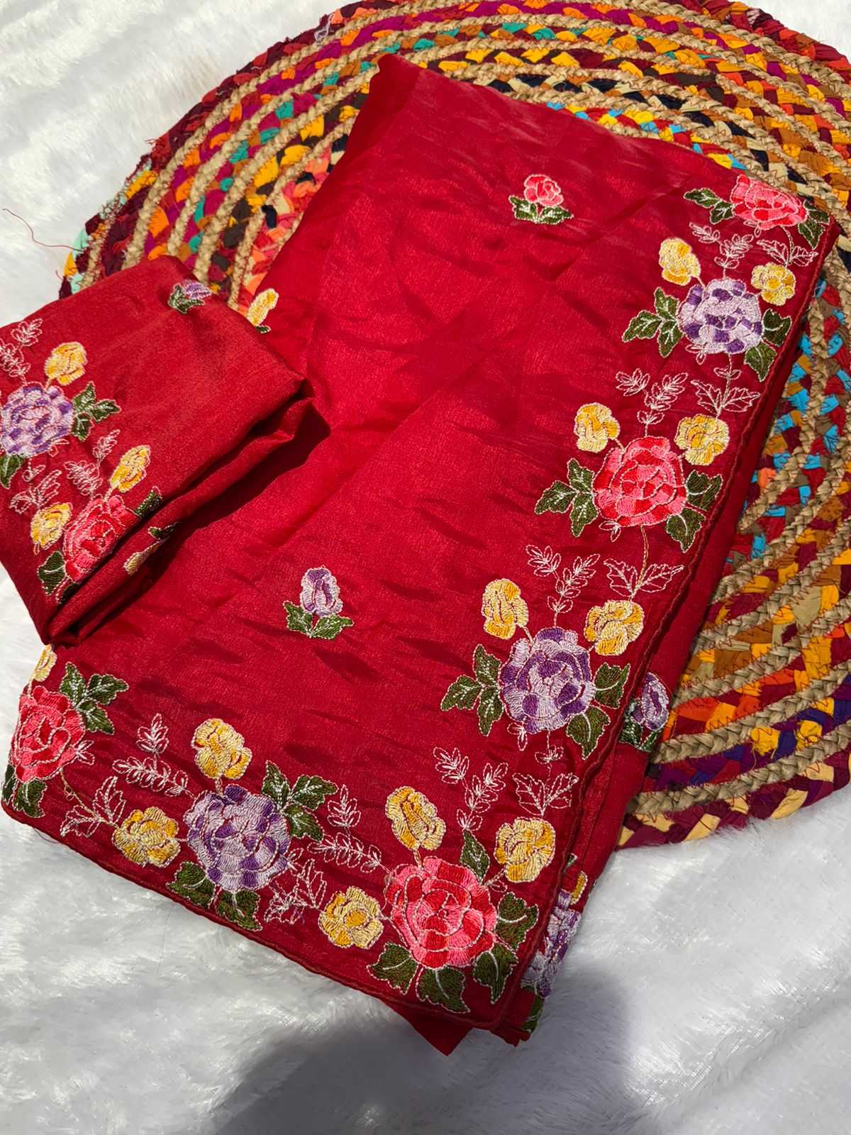 YNF TUSSAR SILK SOFT  RIN164 RRS104 SAREES WHOLESALE EMBROIDERED RED TUSSAR SILK SAREES  MANUFACTURER - Deevit International