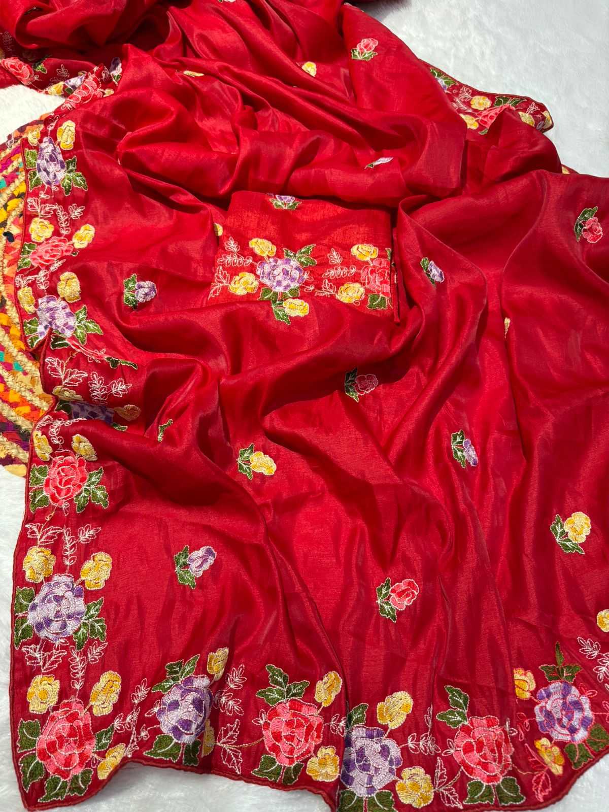 YNF TUSSAR SILK SOFT  RIN164 RRS104 SAREES WHOLESALE EMBROIDERED RED TUSSAR SILK SAREES  MANUFACTURER - Deevit International