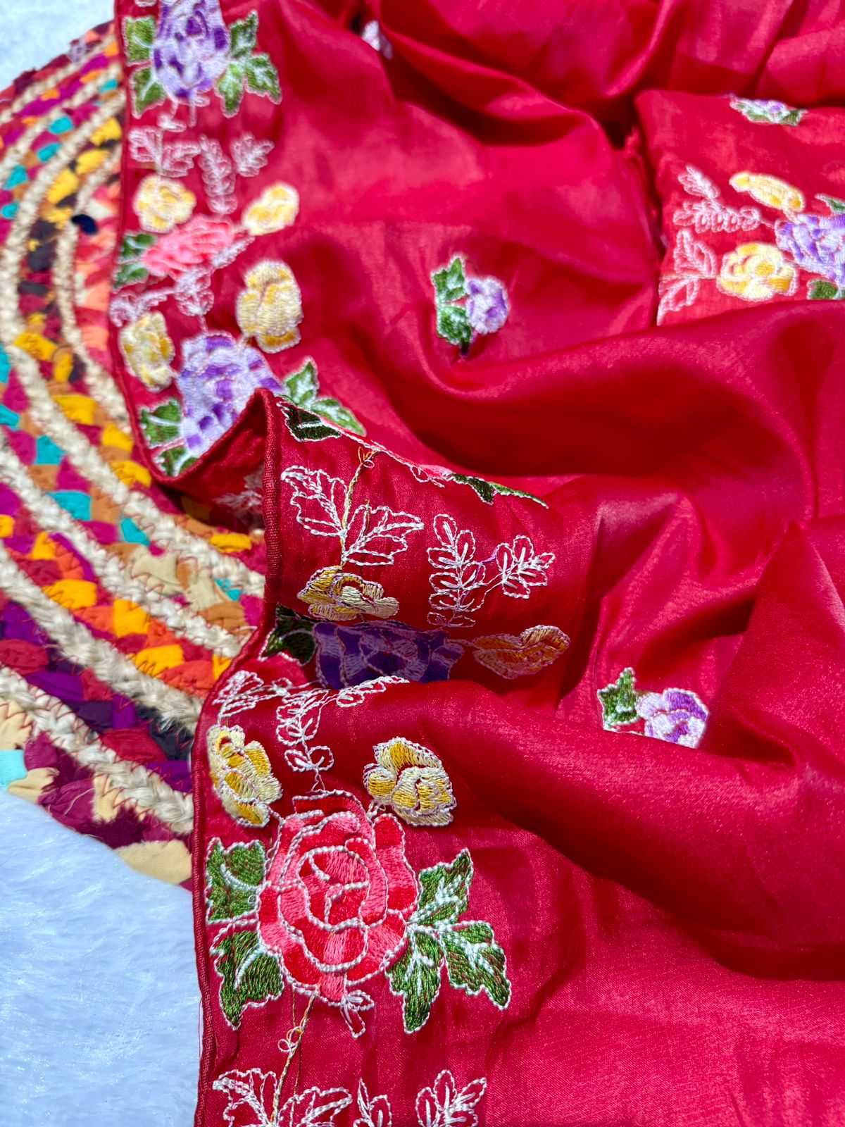 YNF TUSSAR SILK SOFT  RIN164 RRS104 SAREES WHOLESALE EMBROIDERED RED TUSSAR SILK SAREES  MANUFACTURER - Deevit International