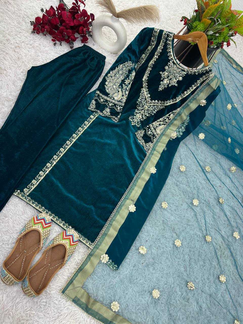 YNF VELVET KESH128 400 SUITS & DRESSES WHOLESALE VELVET PARTY WEAR EMBROIDERY SUITS MANUFACTURE - Deevit International