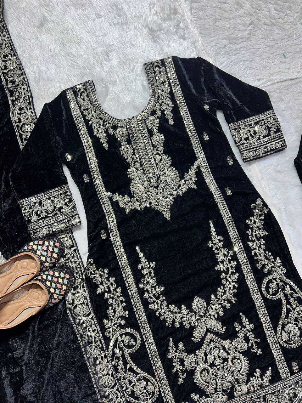 YNF VELVET KESH145 3025 SUITS & DRESSES WHOLESALE EMBROIDERED VELVET PARTY WEAR BLACK SUITS MANUFACTURE - Deevit International