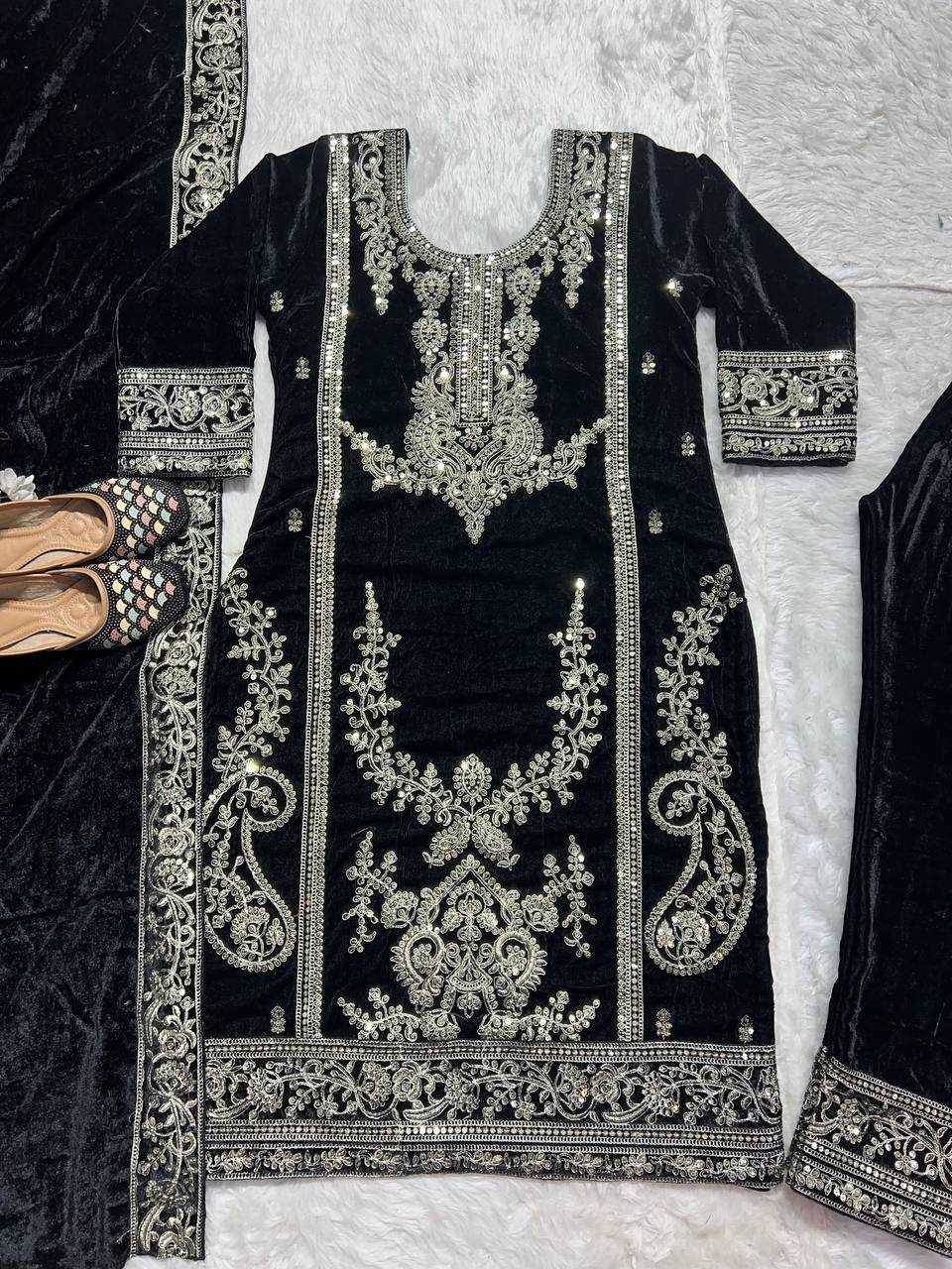 YNF VELVET KESH145 3025 SUITS & DRESSES WHOLESALE EMBROIDERED VELVET PARTY WEAR BLACK SUITS MANUFACTURE - Deevit International