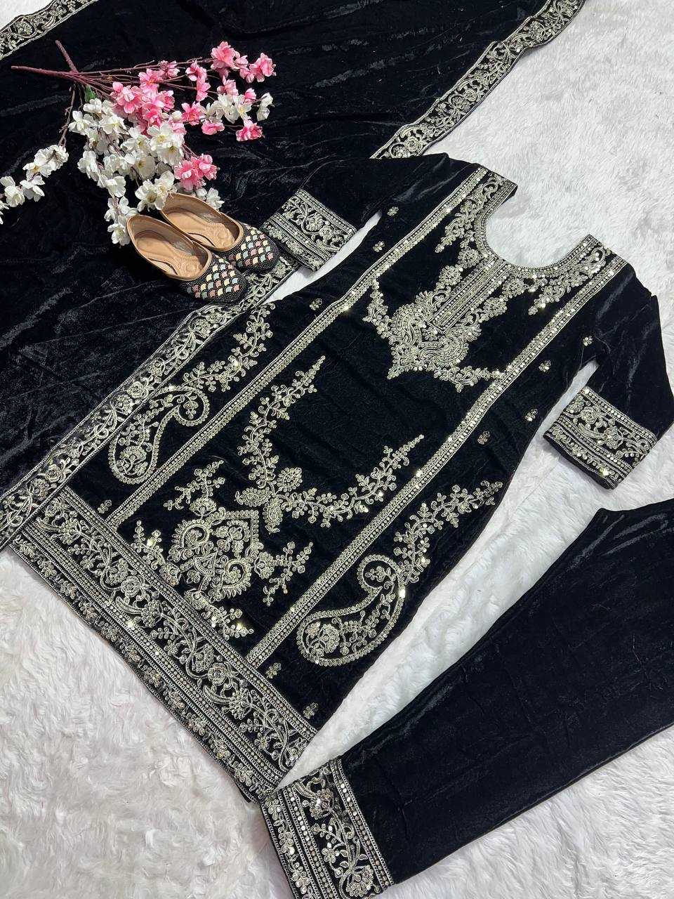 YNF VELVET KESH145 3025 SUITS & DRESSES WHOLESALE EMBROIDERED VELVET PARTY WEAR BLACK SUITS MANUFACTURE - Deevit International