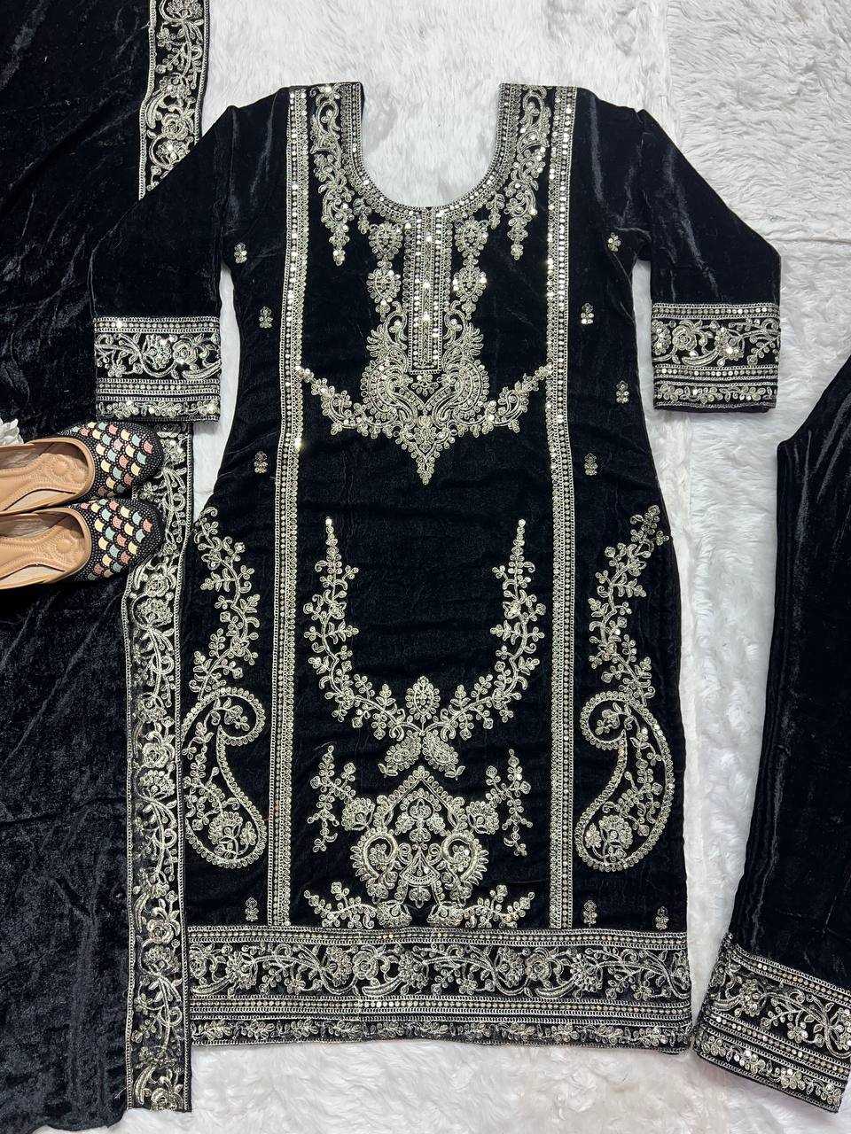 YNF VELVET KESH145 3025 SUITS & DRESSES WHOLESALE EMBROIDERED VELVET PARTY WEAR BLACK SUITS MANUFACTURE - Deevit International