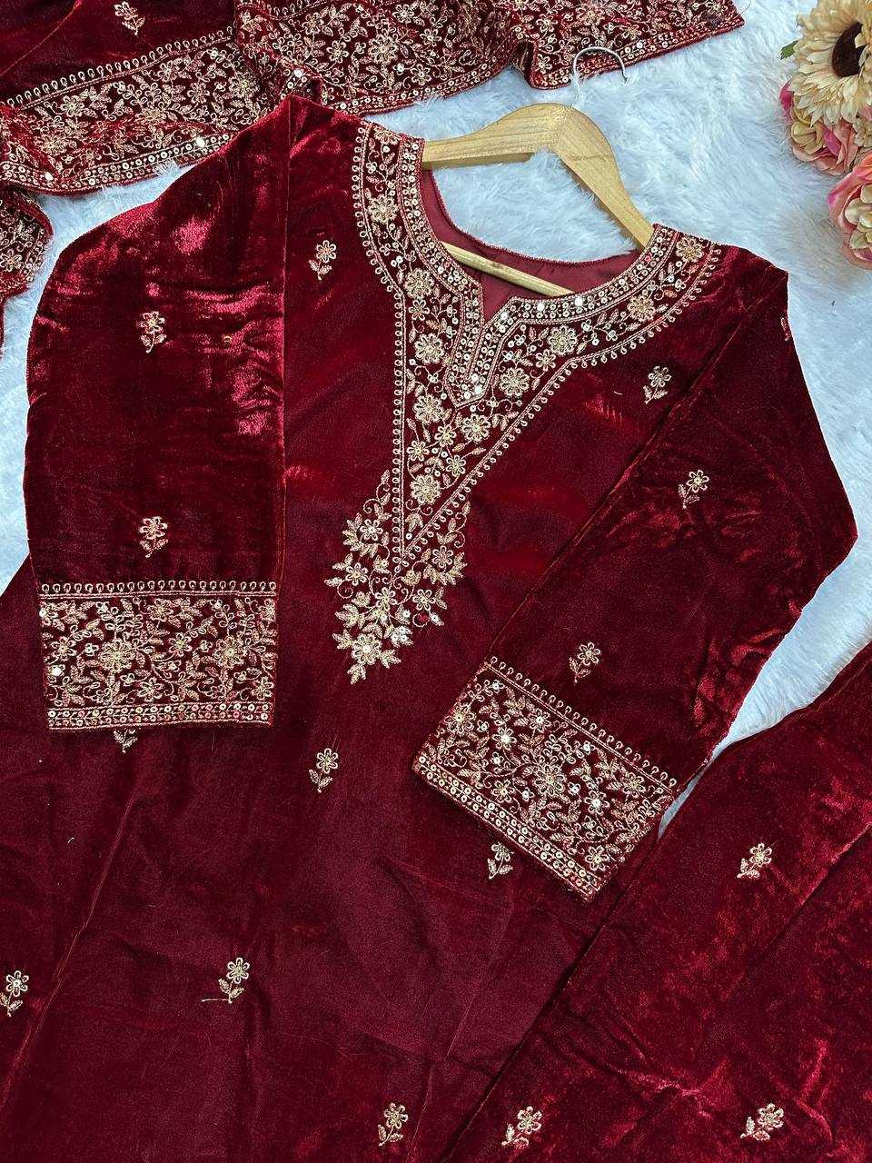 YNF VELVET KESH147 235 SUITS & DRESSES WHOLESALE EMBROIDERED PARTY WEAR VELVET SUITS MANUFACTURER - Deevit International