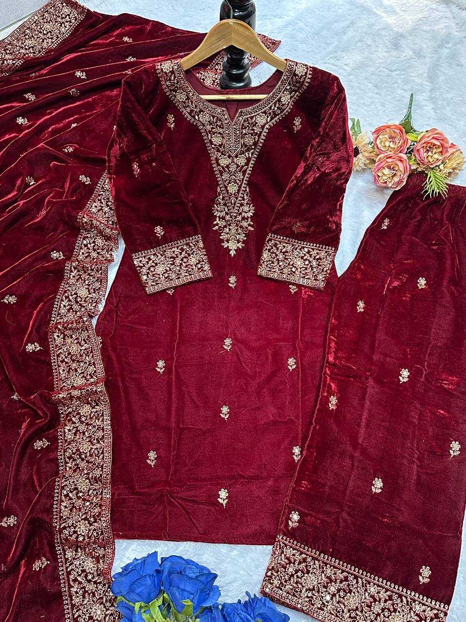 YNF VELVET KESH147 235 SUITS & DRESSES WHOLESALE EMBROIDERED PARTY WEAR VELVET SUITS MANUFACTURER - Deevit International